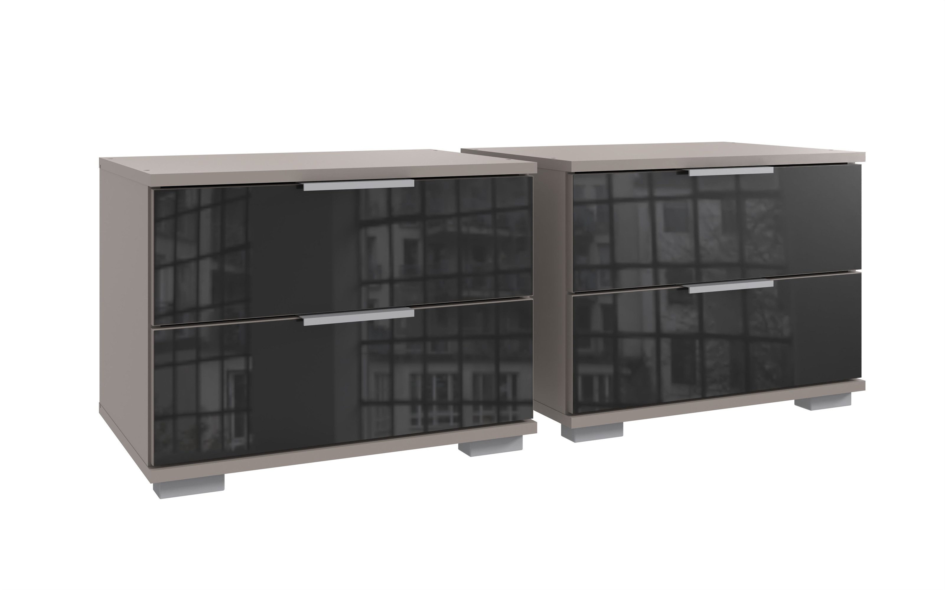 Wimex Nachtkommode (2er-Set) je 2 Schübe, SAHARAGRAU+GLAS SCHWARZ - 52x40x38 (BxHxT) (2er-Set)