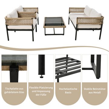 Merax Gartenlounge-Set für 4 Personen mit Eisenrahmen, (4-tlg., 1 2-Sitzer, 2 Sessel, 1 Couchtisch), Gartenmöbel Set, Rope Lounge, Balkonset, Sitzgruppe