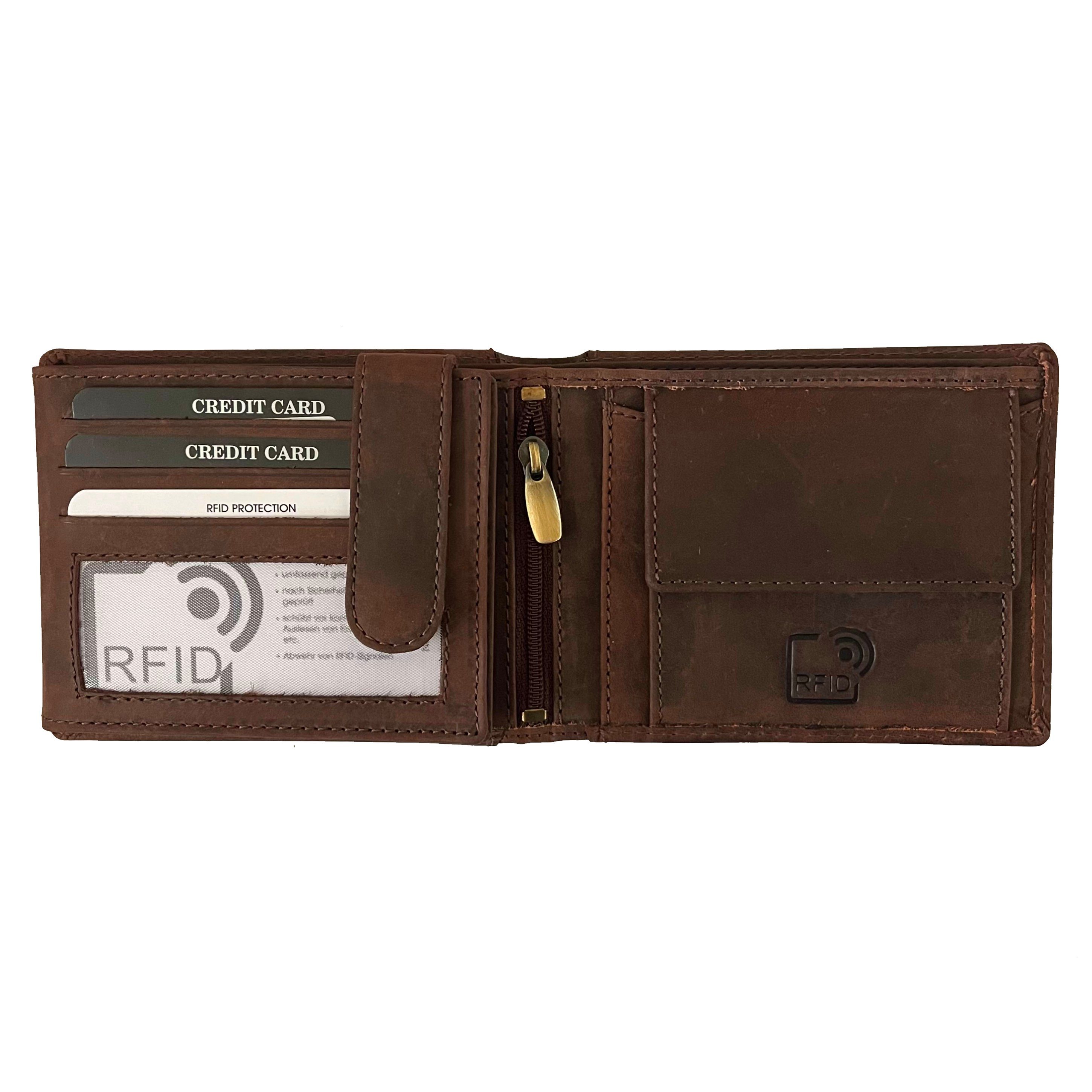 L&B Geldbörse Braun integrierter elegantes Wallet Querformat Büffelleder RFID-Schutz, 8 mit im Kartenfächern Portemonnaie, in