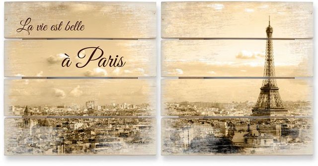 Wall-Art Mehrteilige Bilder »Holzbild Set Paris Skyline Collage«, (Set, 2 Stück)-Otto