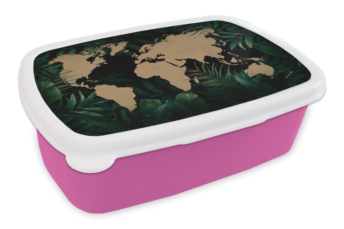 Lunchbox - Brotbox Kunststoff Pflanzen Weltkarte (2-tlg), Kunststoff, Pflanzen, für Brotdose Mädchen, Tropische Erwachsene, Kinder, Snackbox, rosa MuchoWow -