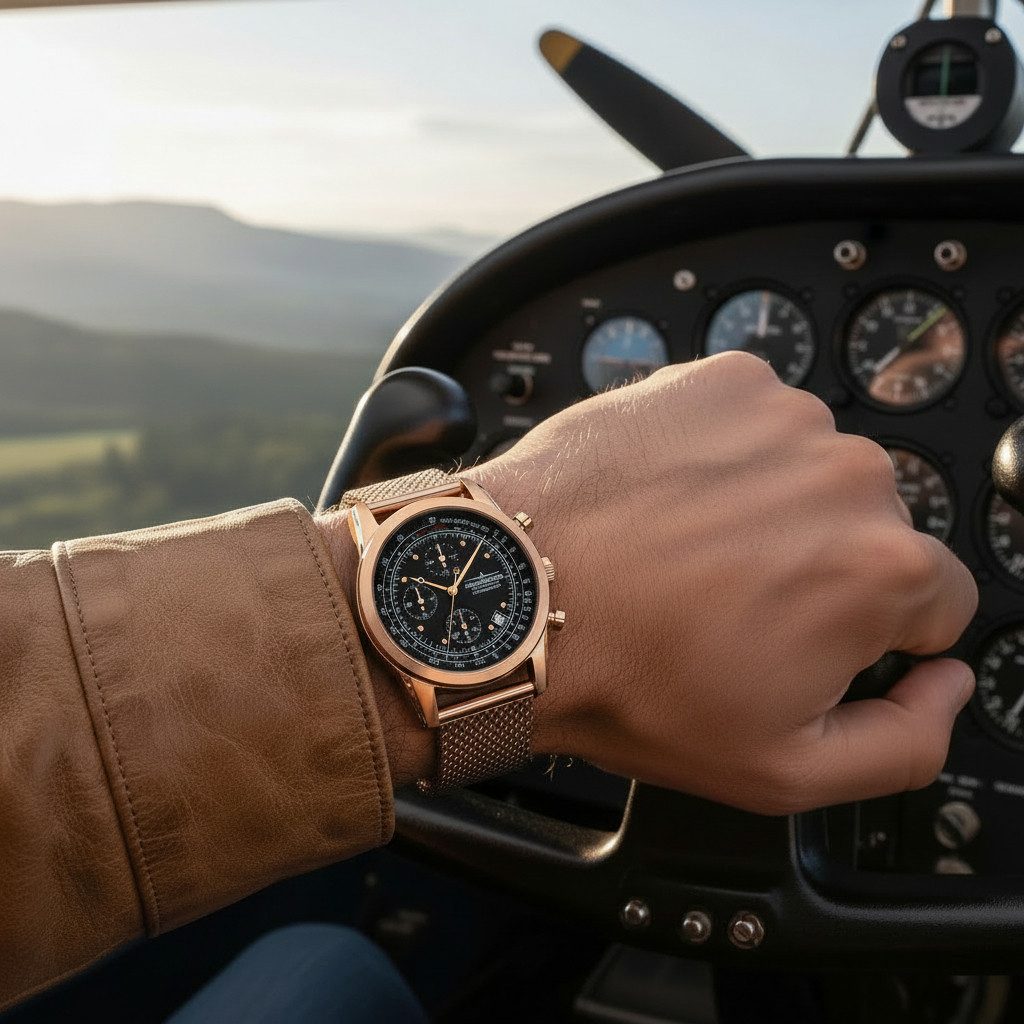 Thunderbirds Chronograph Landmark Herrenuhr TB1000-05 – Elegante Herrenuhr mit Milanaiseband, 42 mm Edelstahlgehäuse und Chronographenfunktion