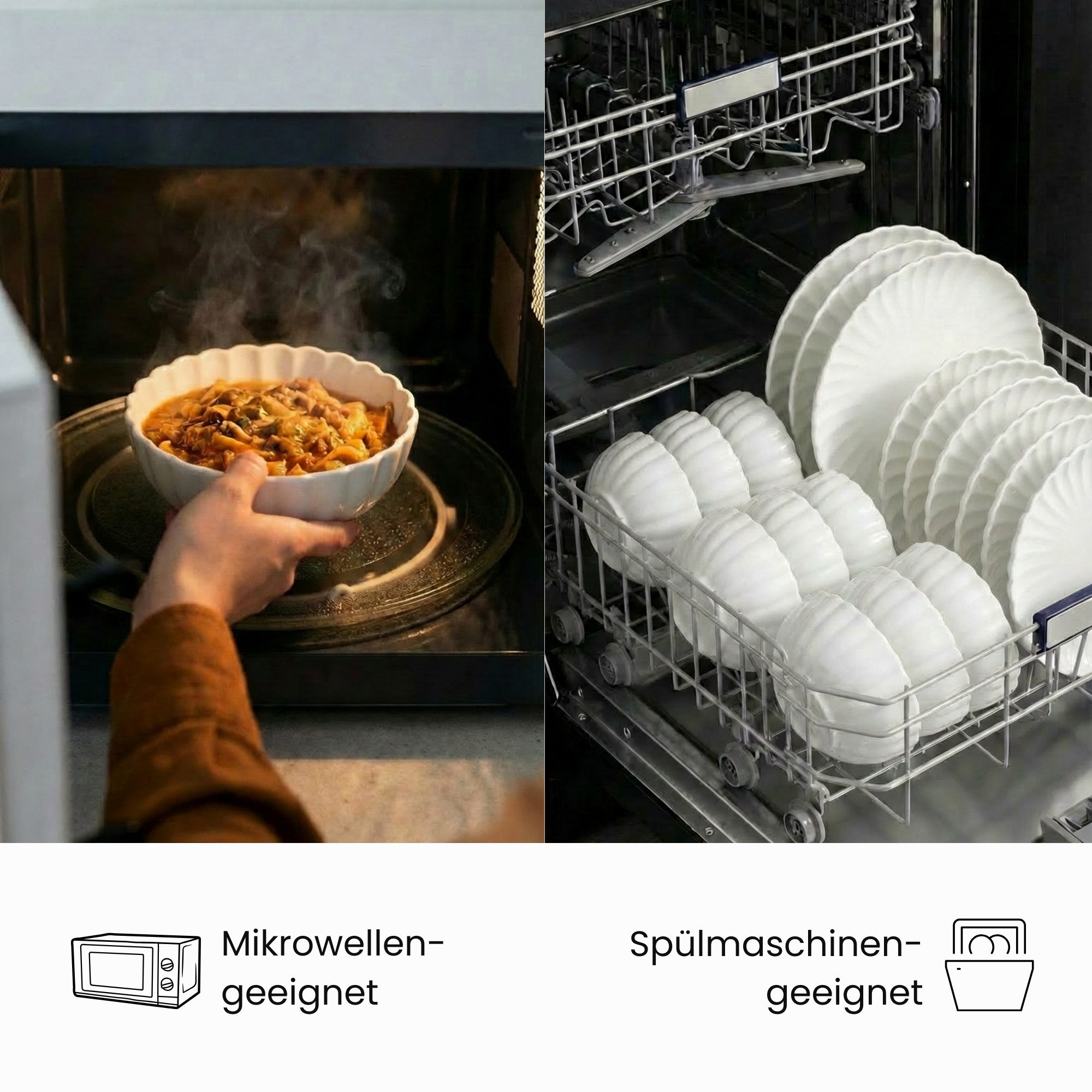 Zoha Teller-Set Lotus mit 3D-Wellenstruktur aus Porzellan, Stilvoll, Mikrowellenfest (24-tlg), 6 Personen, Porzellan, Tafelservice als Geschenk, für Zuhause oder Events, Spülmaschinenfest