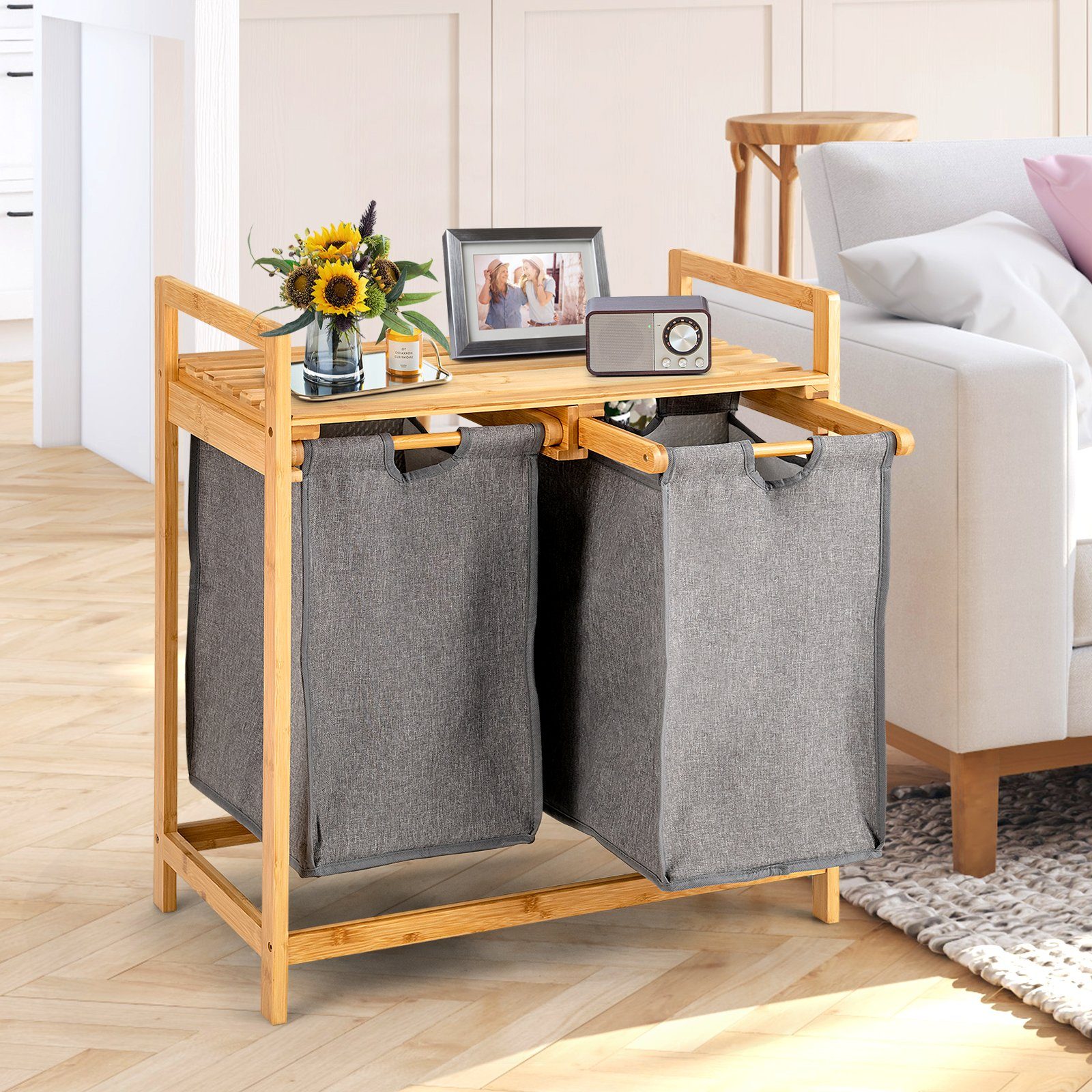 COSTWAY Wäschekorb, 2 Fächer Bambus, mit Ablage, ausziehbare Wäschesäcke günstig online kaufen