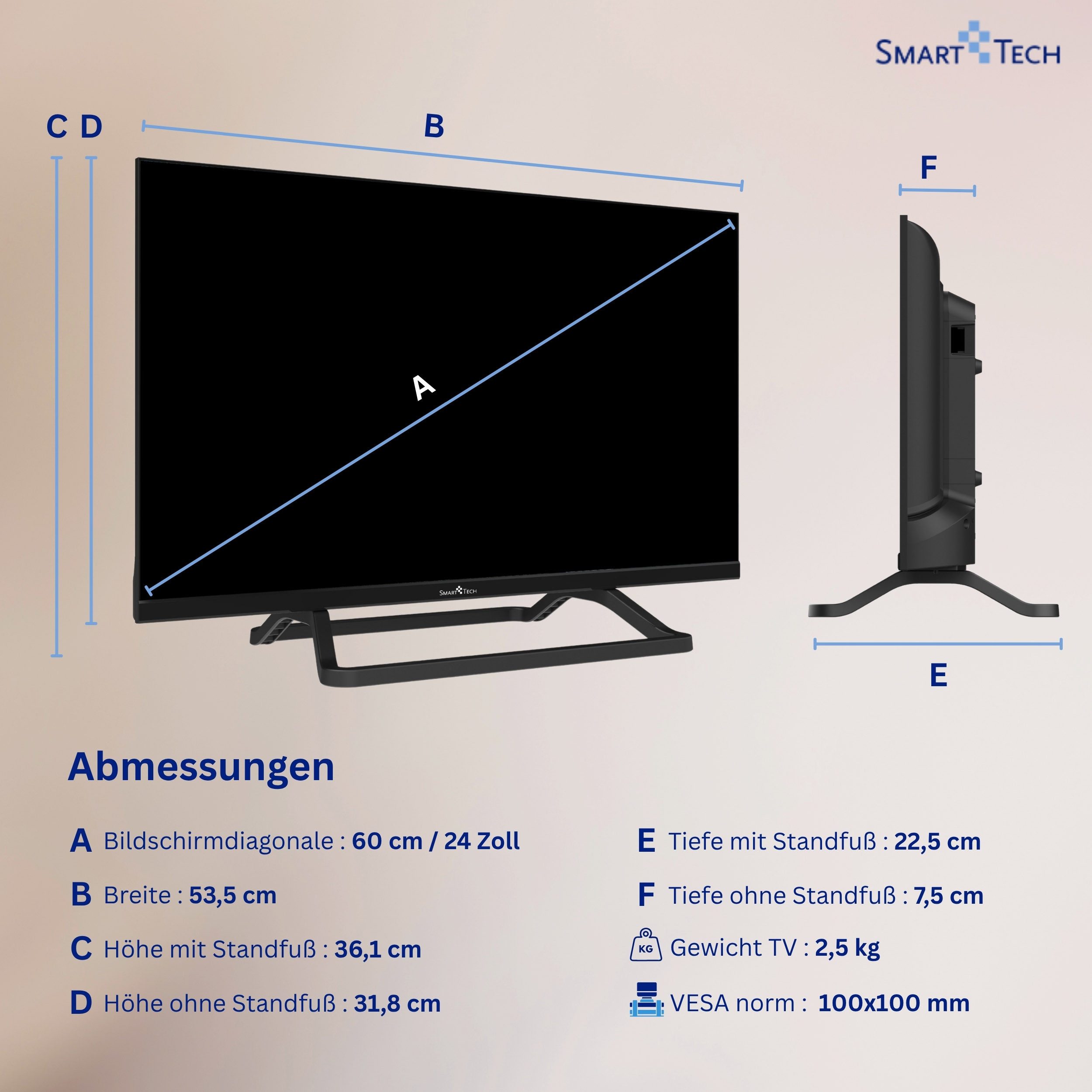Smart Tech 24HN01V3CA LED-Fernseher (60 cm/24 Zoll, HD-ready, 12 Volt Adapter, integrierter Triple-Tuner)