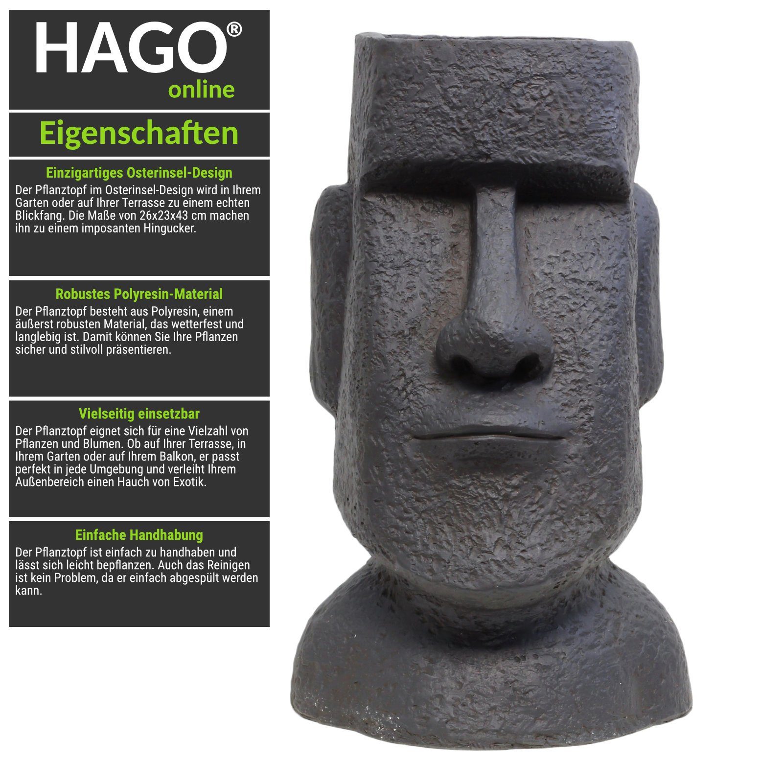 HAGO Buddhafigur Osterinsel Eye-Catcher Blickfang Anthrazit Mystisch Moai Outdoor Blumentopf