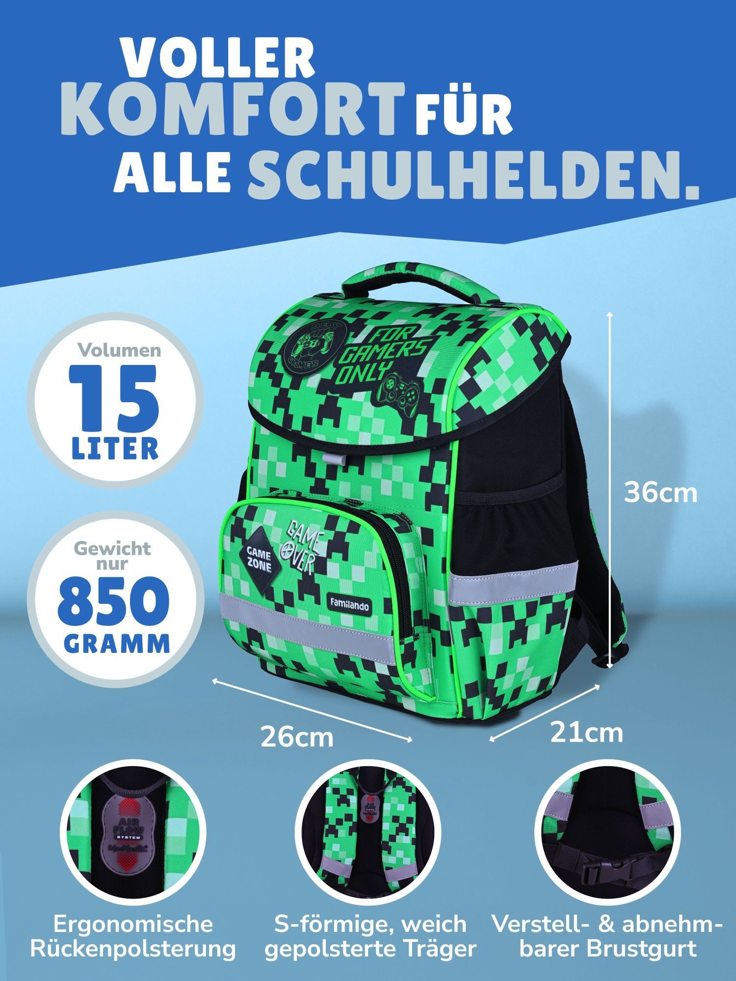 Familando Schulranzen Basic Plus 1.-4. Klasse ergonomisch, leicht, Volumen 15 Liter (Set, 6-tlg., inkl. Federmäppchen und Sporttasche), Gamer Pixel Playworld Motiv