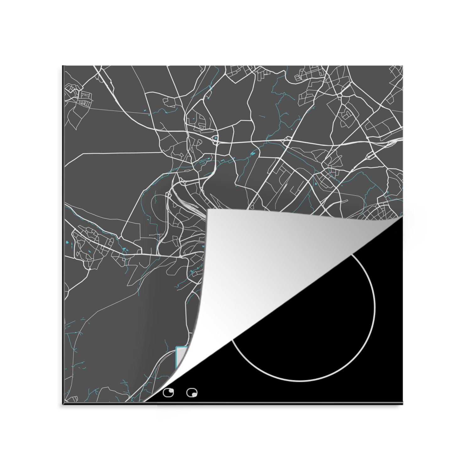 MuchoWow Herdblende-/Abdeckplatte Blau - Deutschland - Karte - Stadtplan - Aachen, Vinyl, (1 tlg), 78x78 cm, Ceranfeldabdeckung, Arbeitsplatte für küche