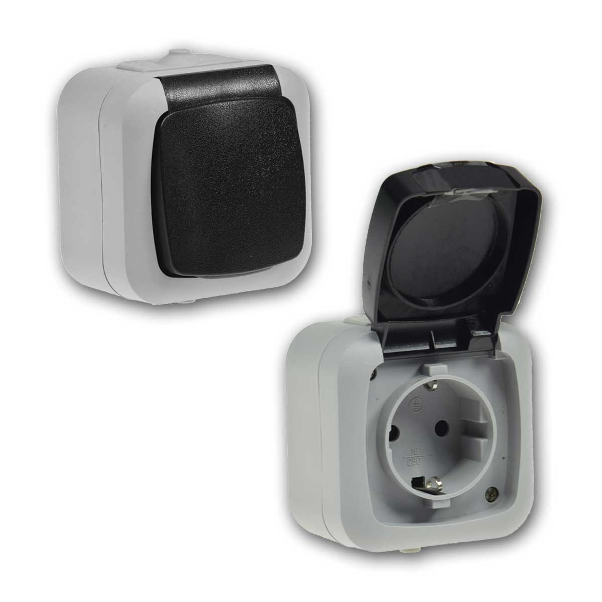 ChiliTec Lichtschalter Feuchtraum Set "Waschraum", grau, IP44, 4-teilig