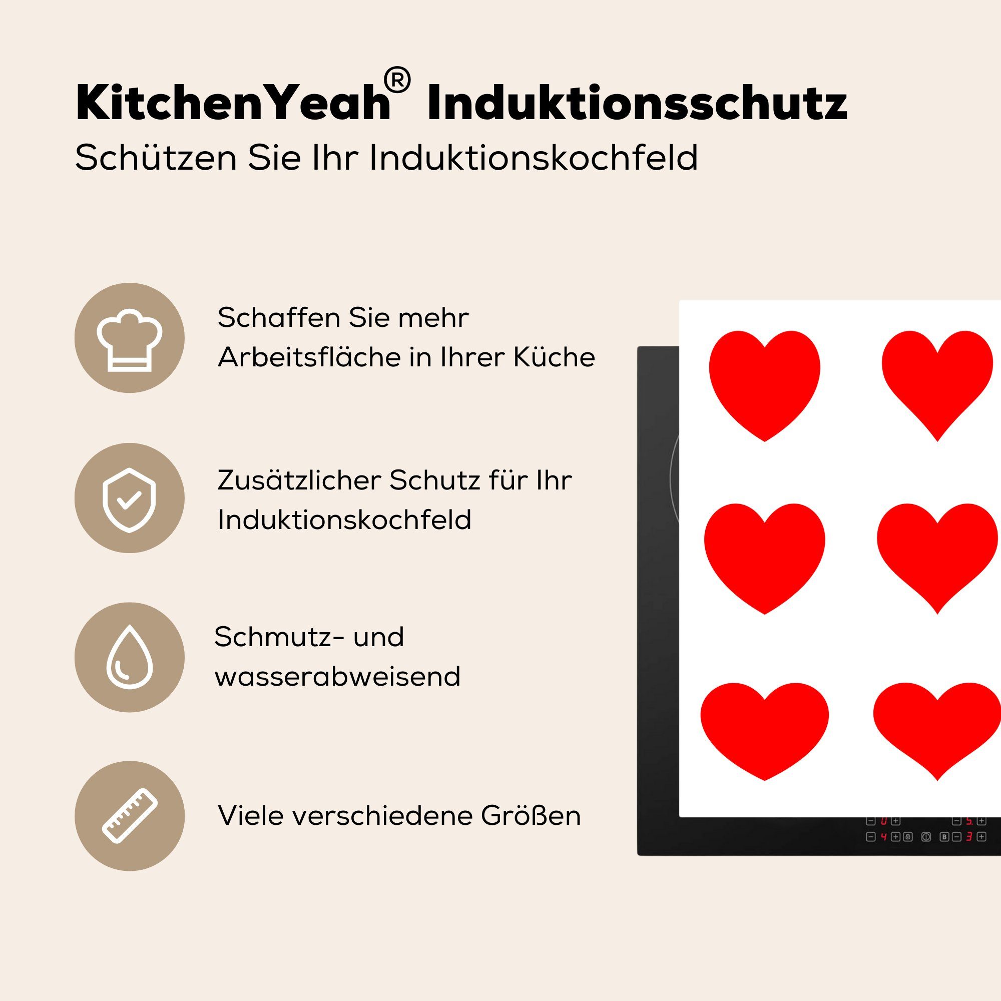 Eine für 78x78 mit cm, Vinyl, Ceranfeldabdeckung, Arbeitsplatte neun Herzen, küche MuchoWow roten Illustration (1 tlg), Herdblende-/Abdeckplatte