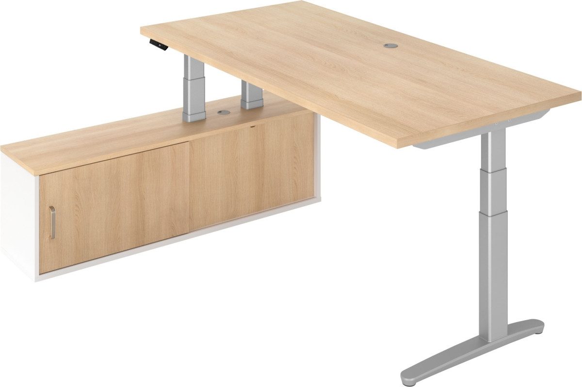 Schreibtisch Sitz-Stehtisch 200x100x65/130cm + Sideboard Eiche/Silber