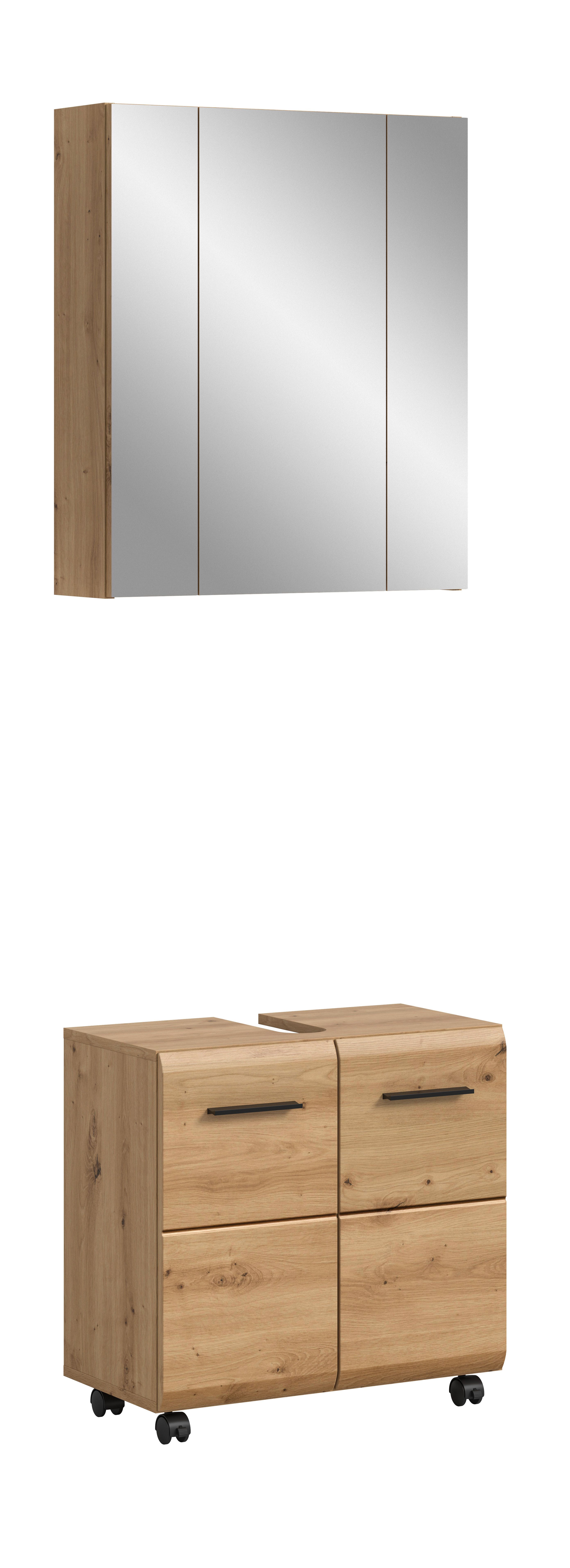 furnling Badmöbel-Set auf Rollen - Ivy, (2-St., Spiegelschrank, Waschbeckenunterschrank), Unterschrank mit 2 Schubladen & Siphon-Ausschnitt, Höhe 185 cm