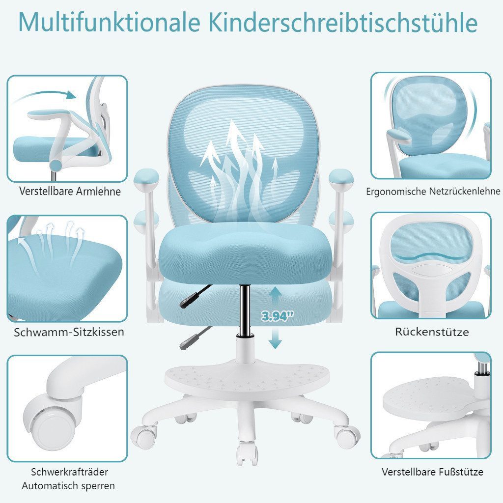 Insma Drehstuhl Kinder Schreibtischstuhl ergonomisch höhenverstellbar (mit klappbaren Armlehnen, Fußstütze und 5 feststellbarer Rollen), von 3-12 Jahre, Maximale Tragfähigkeit 158kg