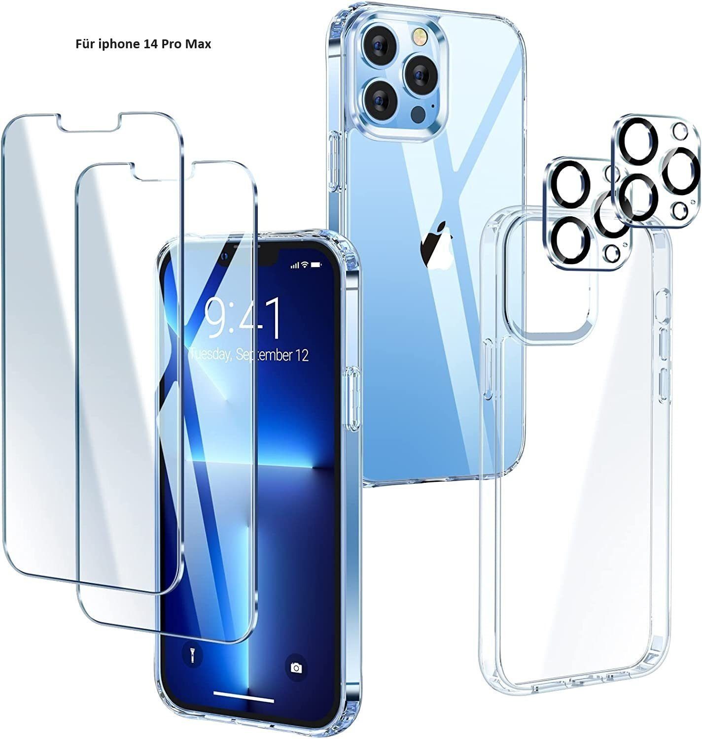 MORRENT Smartphone-Hülle Hülle für Iphone 14 pro Max Hülle + 2x Panzerglass  +2 Kameraschutz