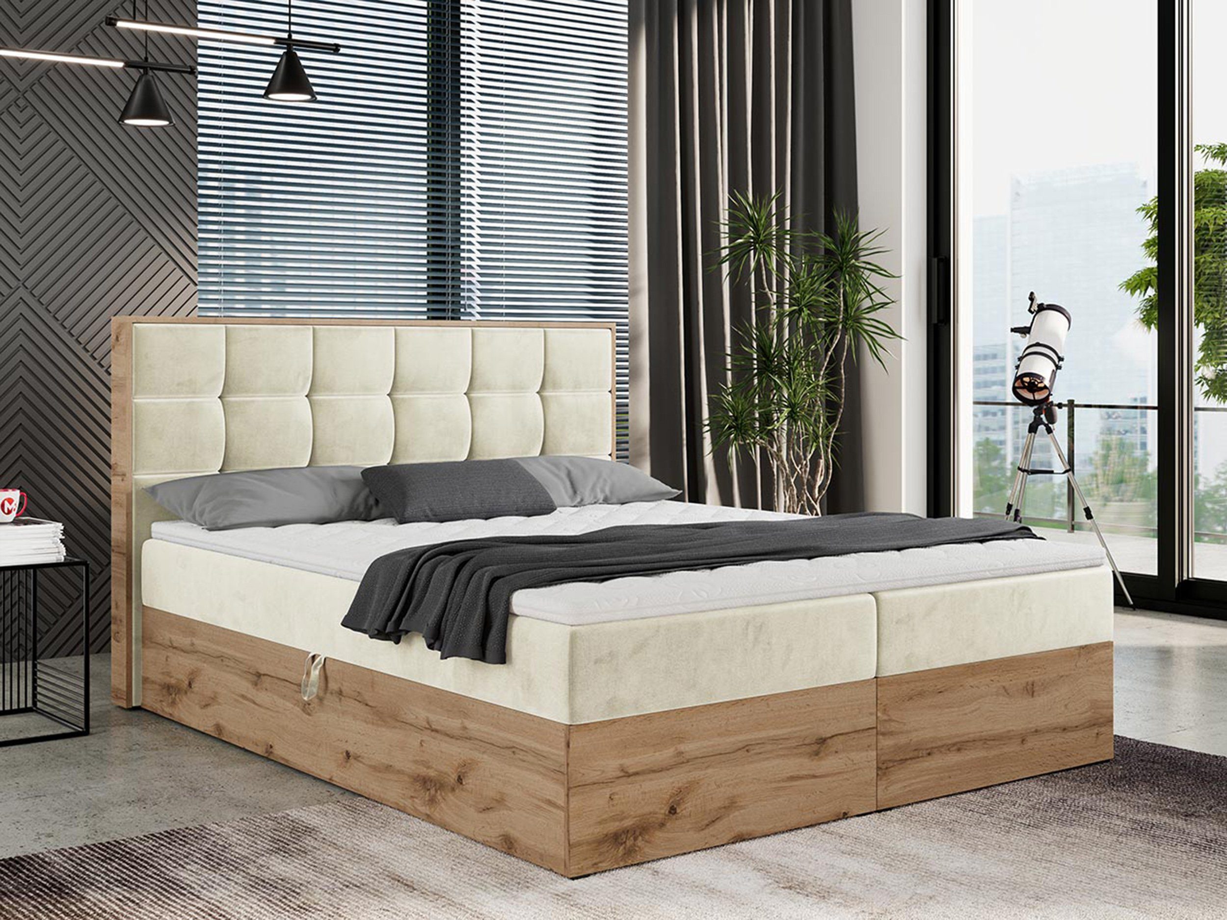 MKS MÖBEL Boxspringbett ALBERO 1, Doppelbett, Multipocket-Matratze, Eiche Holzrahmen, Praktisch