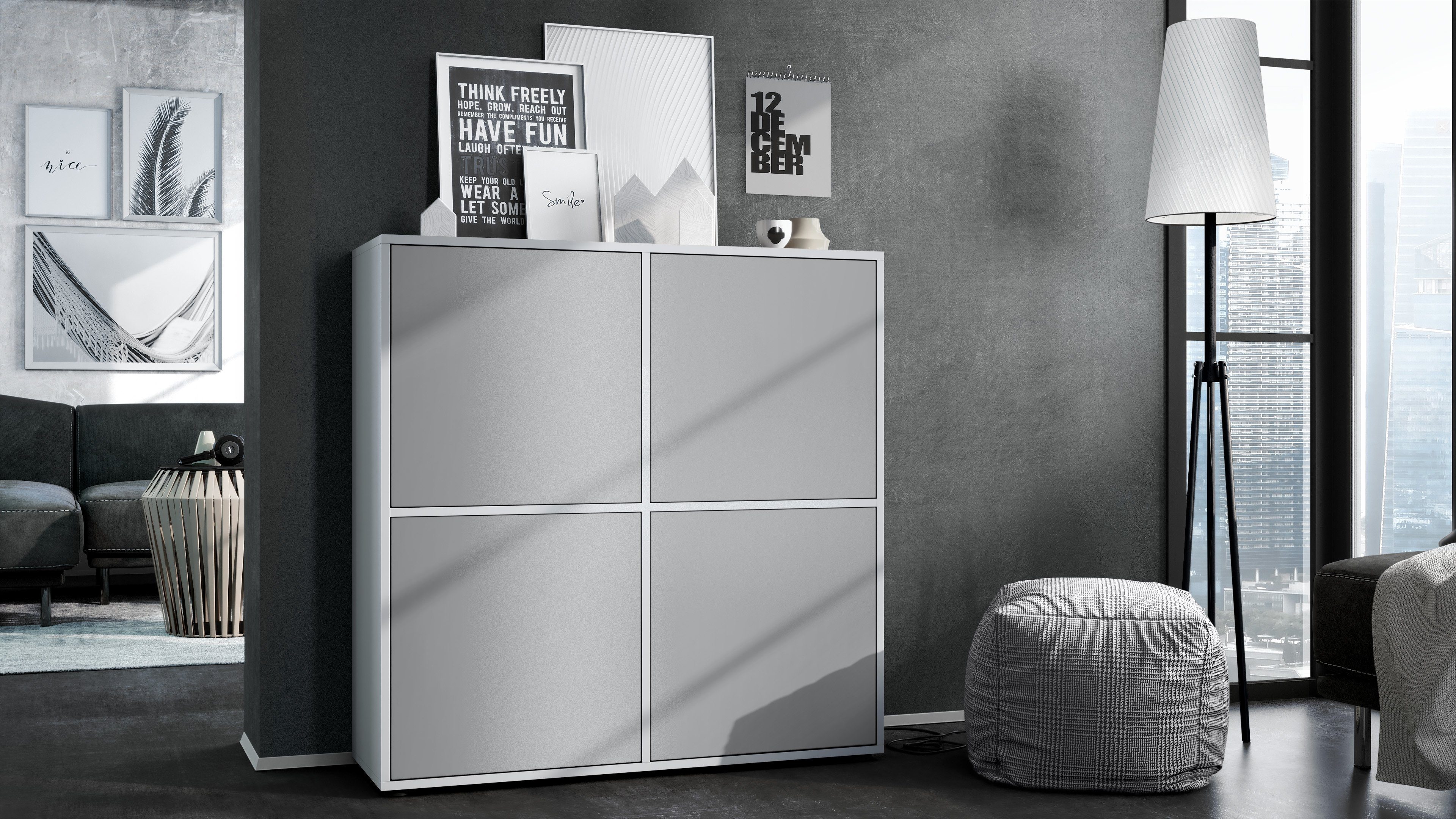 Vladon Highboard Cuba V2 (Schrank, 104 x 105,5 x 35,5 cm Sideboard mit 8 Fächern), Korpus in Weiß matt / Fronten in Hellgrau seidenmatt
