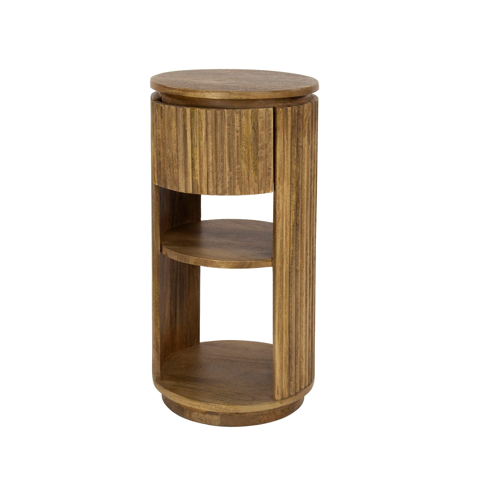 alesvelt Nachttisch WAVE CYLINDER Runde Standkonsole aus Mangoholz mit Rillen-Design (1-Tisch), 30x60cm, Wellen-Design