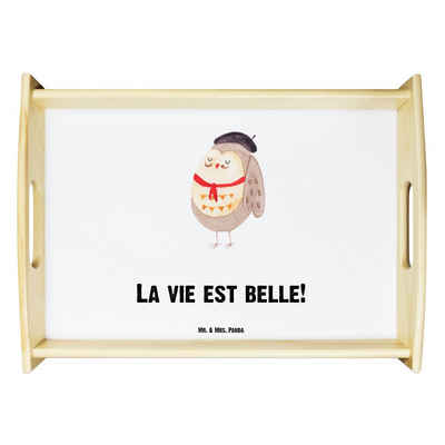 Mr. & Mrs. Panda Tablett Eule Frankreich - Weiß - Geschenk, béret, Owl, französisch, Küchentab, Echtholz lasiert, (1-tlg), Kratzfeste Oberfläche