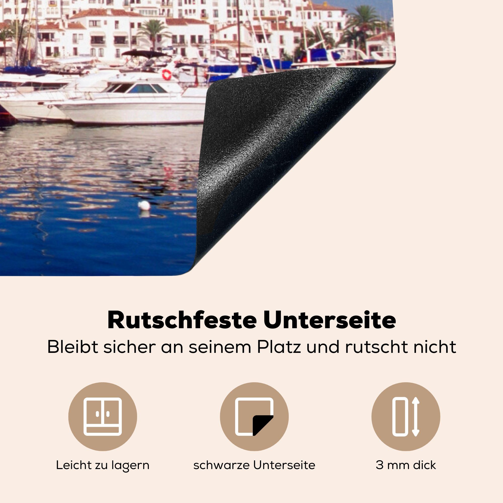 (1 Von Induktionskochfeld Herdblende-/Abdeckplatte Hafen MuchoWow für Spanien, die Banús Vinyl, Marbella 81x52 Schutz Ceranfeldabdeckung tlg), cm, Puerto küche,