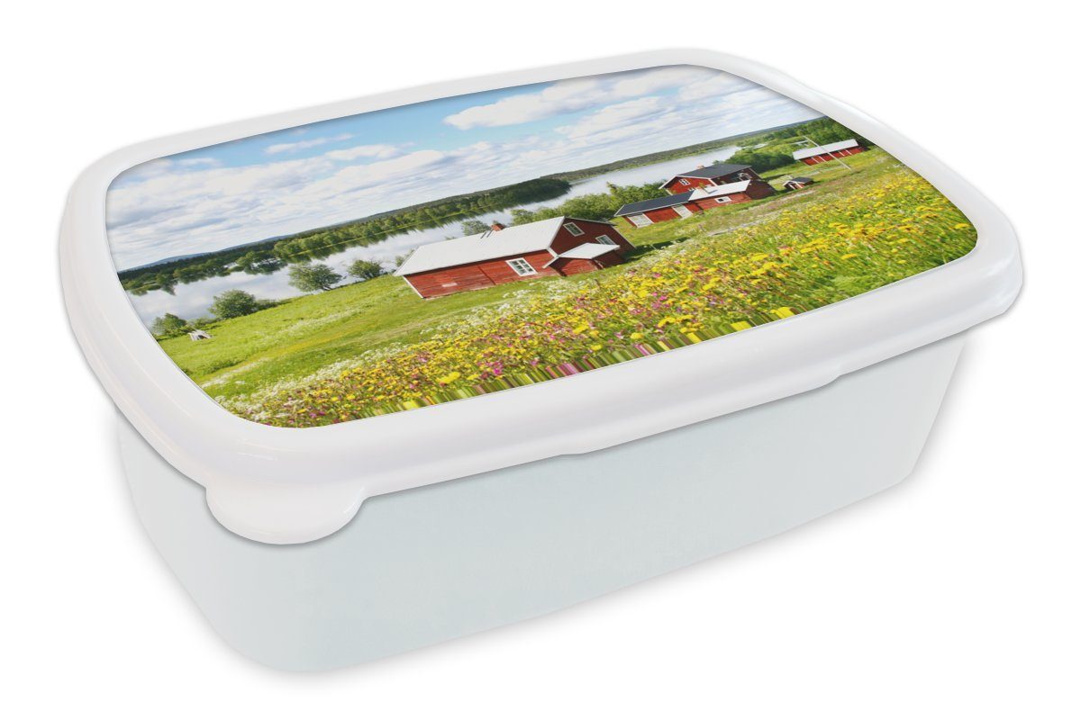 MuchoWow Lunchbox Typische norwegische Häuser an einem Sommertag in Lappland, Kunststoff, (2-tlg), Brotbox für Kinder und Erwachsene, Brotdose, für Jungs und Mädchen weiß
