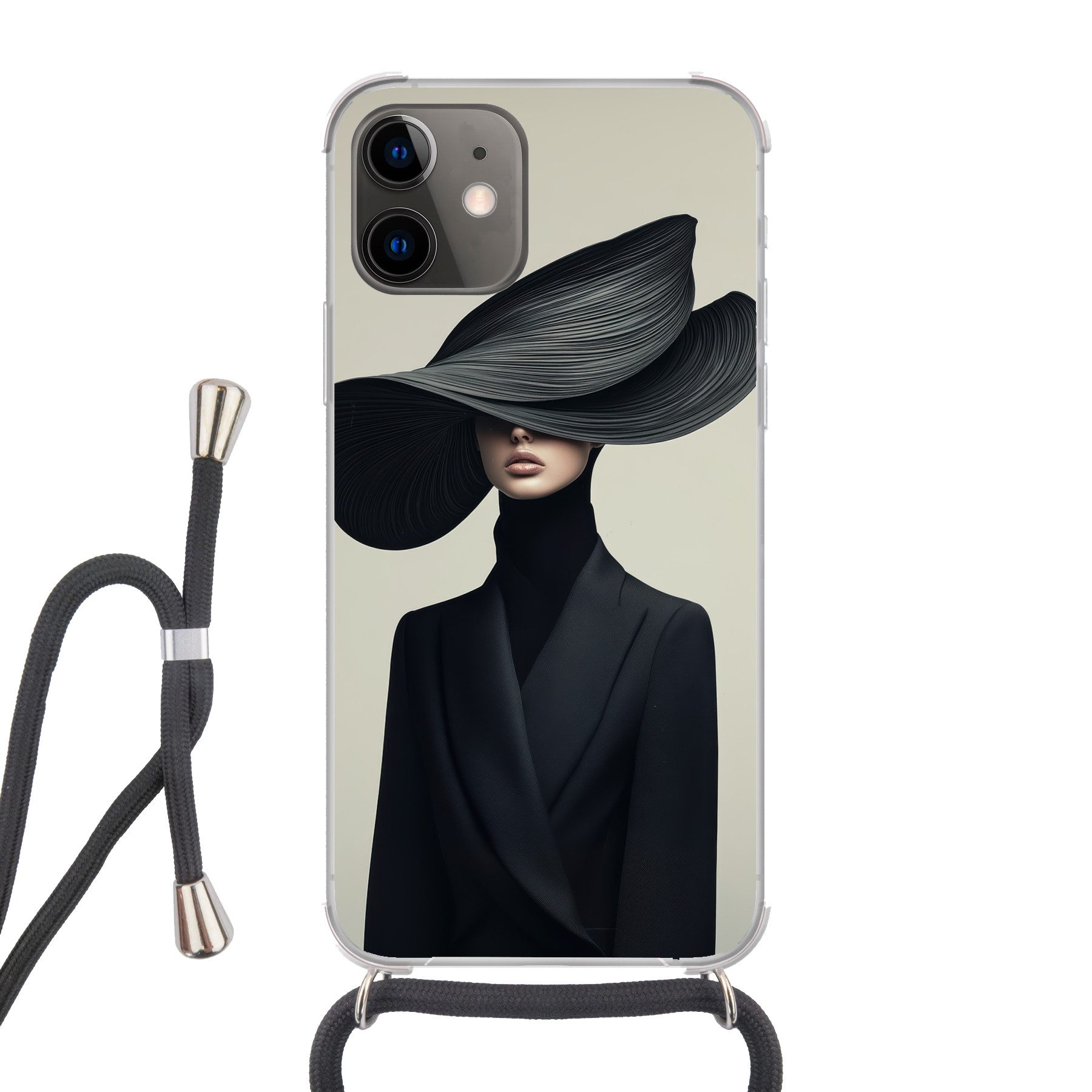 MuchoWow Handyhülle für Apple iPhone 12 Schwarz - Frau - Hut, Tragbare Handyhüllen mit Kette zum umhängen, Handykette Handyband