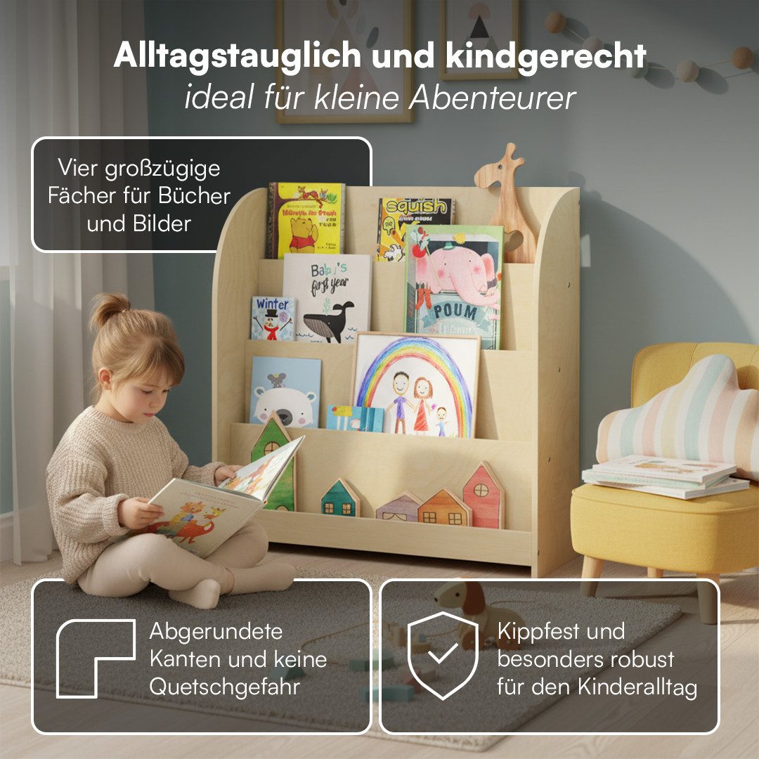 Bellabino Kinderregal Baru mit 4 großzügigen Ablagefächern, natur unbehandelt, Spielzeugregal 88x30x80 cm, Bücherregal Holz, mit 4 breiten Fächern für Bücher &  – Bild 3 von 5