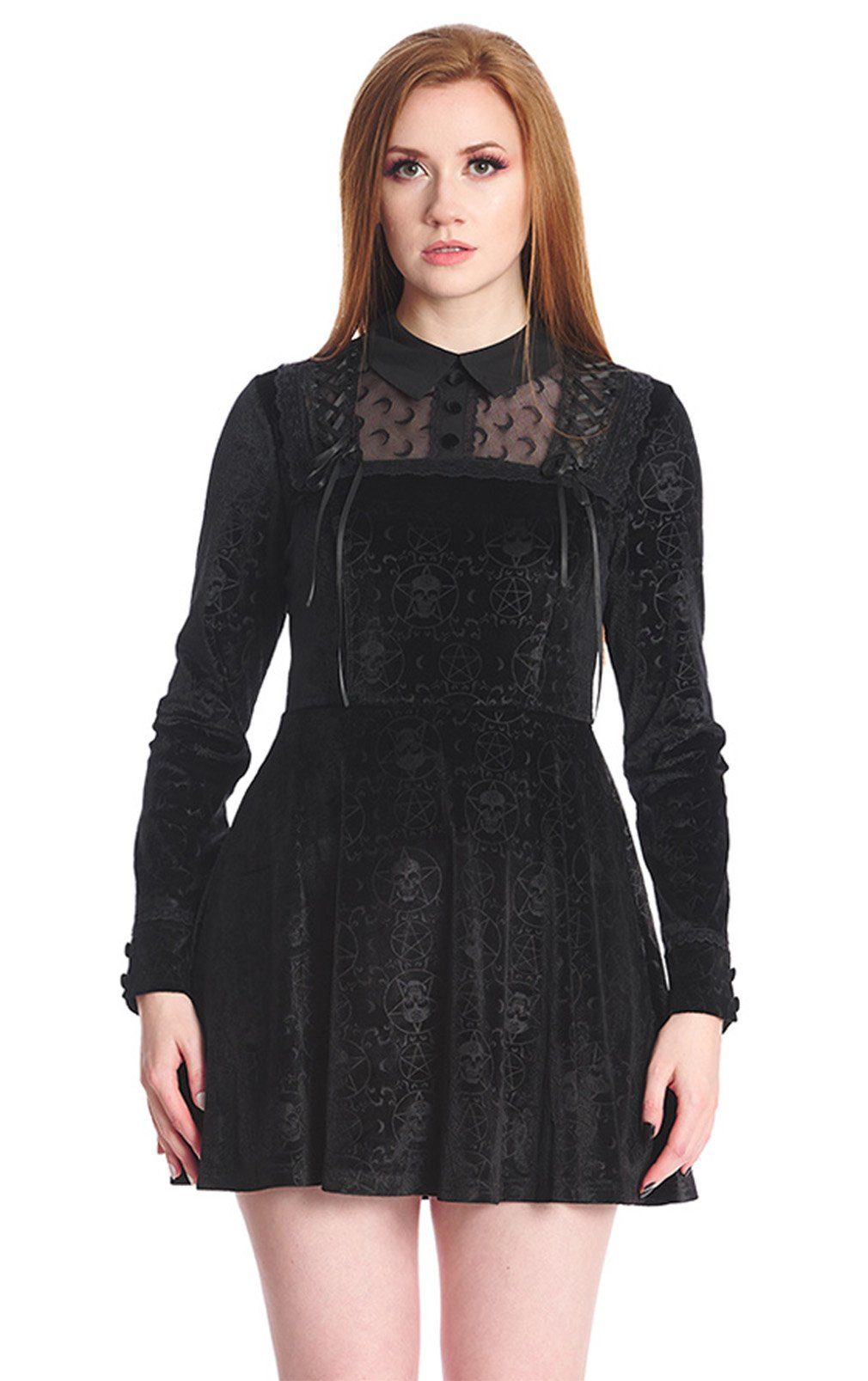 Banned A-Linien-Kleid Melancholie Gothic Dress Totenkopf Pentagramm Samtkleid