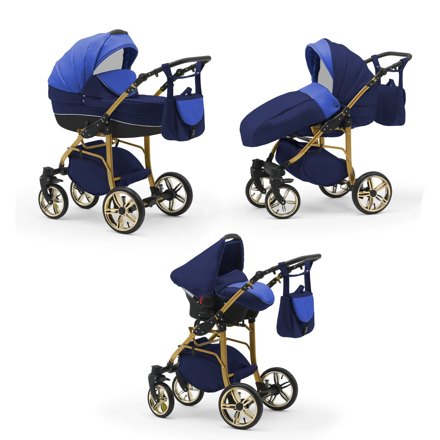 babies-on-wheels Kombi-Kinderwagen 3 in 1 Kinderwagen-Set Cosmo ECO Gold - 16 Teile - in 46 Farben Navy-Hellblau