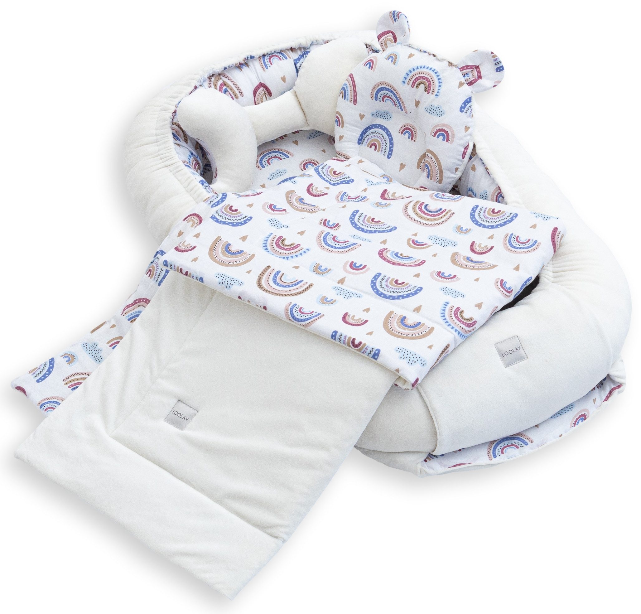 Loolay Kuschelnest BABYNEST 5 TLG. Set PREMIUM Babyausstattung Baumwolle & Samt Velours, (MUSTER: ECRU Samt Velour/ Regenbogen, 5-tlg., Liebevoll handgefertigt Nestchen! Geborgenheit Komfort für Neugeborene), Premium Ausstattung - 100% Europäische Stoffe und Kleinserien-Nähen!