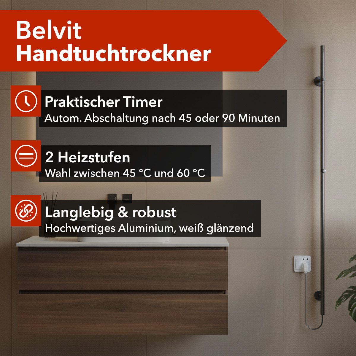Belvit Elektrischer Badheizkörper Handtuchwärmer 150x6,3 cm mit 2 Handtuchhaken mit Timer & 2 Heizstufen, 60W, Wandmontage mit Montagematerial, Handtücher trocknen & wärmen