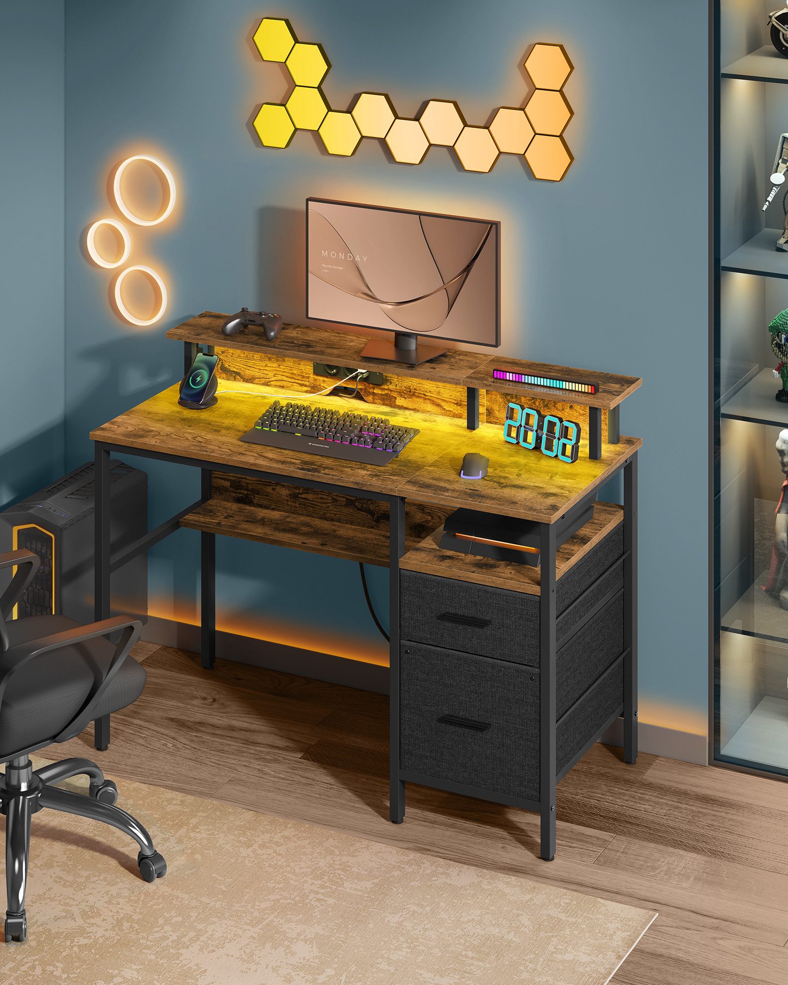 VASAGLE Schreibtisch Computertisch, mit LED-Beleuchtung, eingebaute Steckdo günstig online kaufen