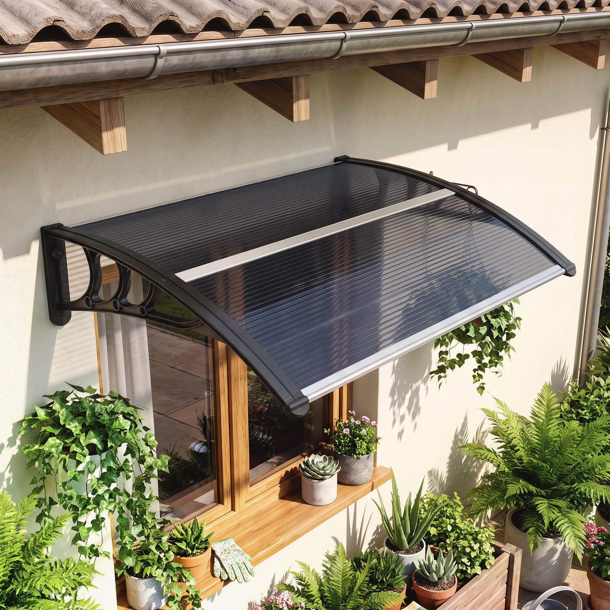 Outsunny Pultvordach Vordach Überdachung aus Aluminium und Polycarbonat, UV-Schutz (Pultbogenvordach, 1 St., Haustürvordach), für Balkon, Sonnenschutz, Regenschutz, Schwarz