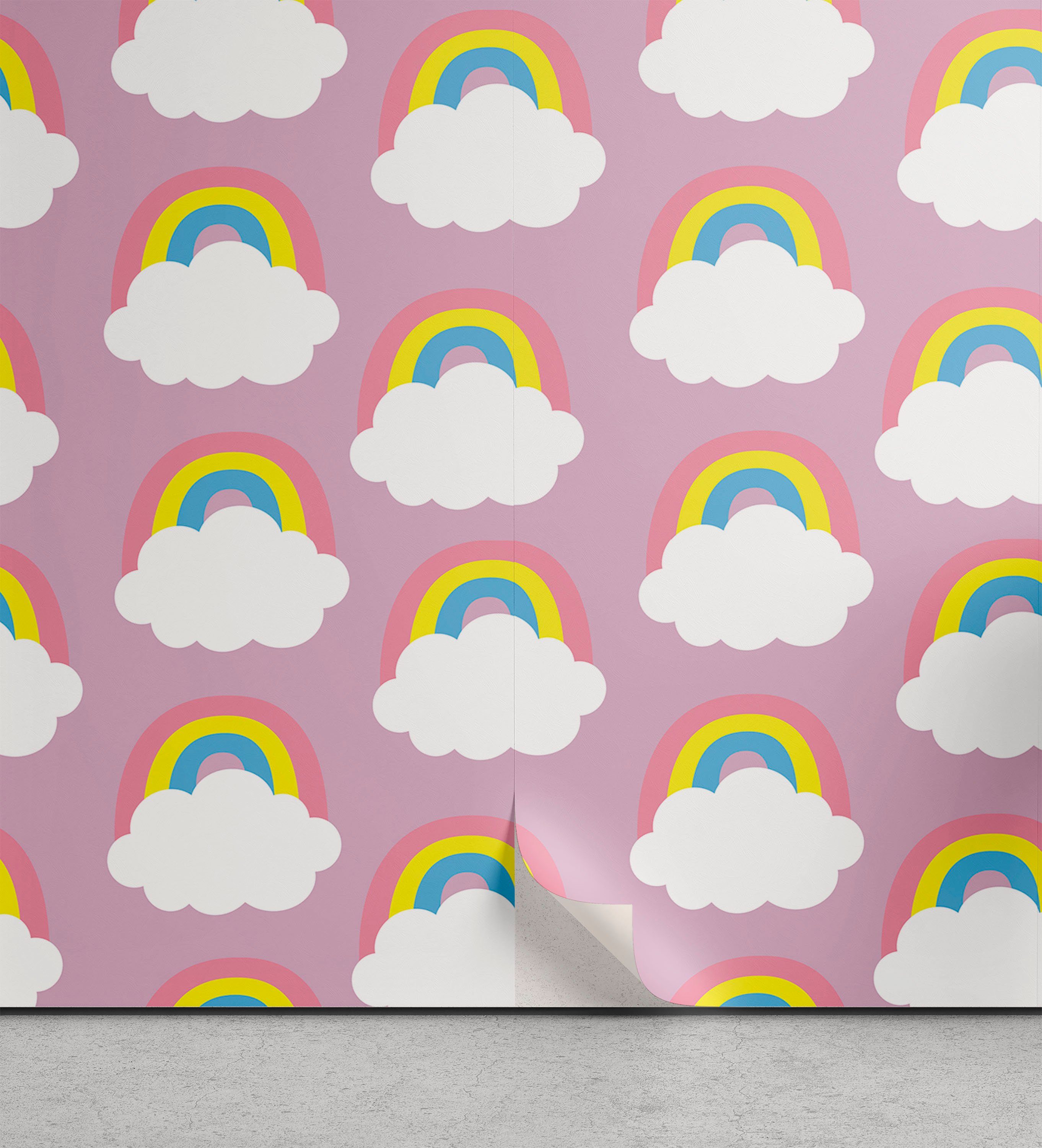 【Auffüllen】 Abakuhaus Vinyltapete selbstklebendes Wolken Küchenakzent, Wohnzimmer Weichen Cartoon Regenbogen Nursery