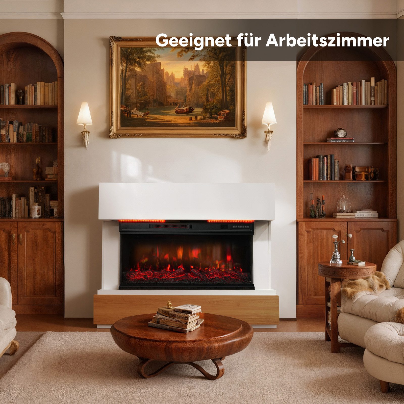 HOMAVO Elektrokamin mit Schrank, 36" 1000/2000W Elektrokamin mit Heizung, 3D-Flammeneffekt, Schrankgröße: 117 x 20 x 95,5 cm, LED-Leiste, Fernbedienung