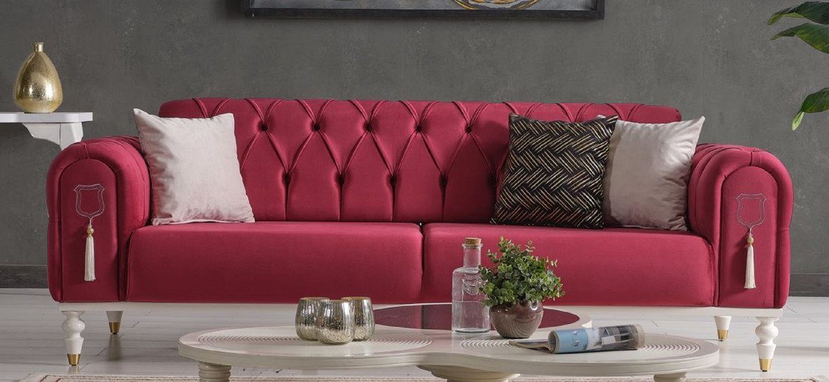 Casa Padrino Chesterfield-Sofa Luxus Chesterfield Schlafsofa Rot / Weiß / Gold 230 x 95 x H. 83 cm - Wohnzimmer Sofa mit 3 Kissen - Luxus Wohnzimmer Möbel