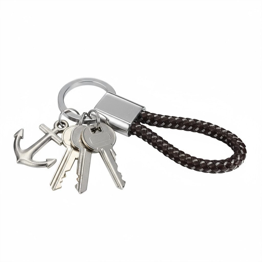 Karisma Schmuck Schlüsselanhänger Schlüsselanhänger Herren Leder-Draht Hochwertige Lederschlaufe Braun, Edelstahl Verschluss 316L Mattiert KR163