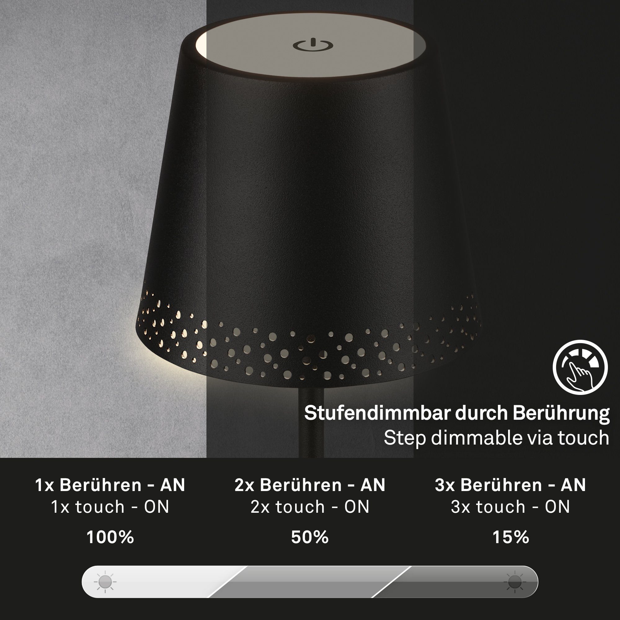 Briloner Leuchten grün, verbaut, Akku, mit USB-C, Außen-Tischleuchte 38 LED IP44, Warmweiß, 7438015, fest höhenverstellbar, cm warmweiß