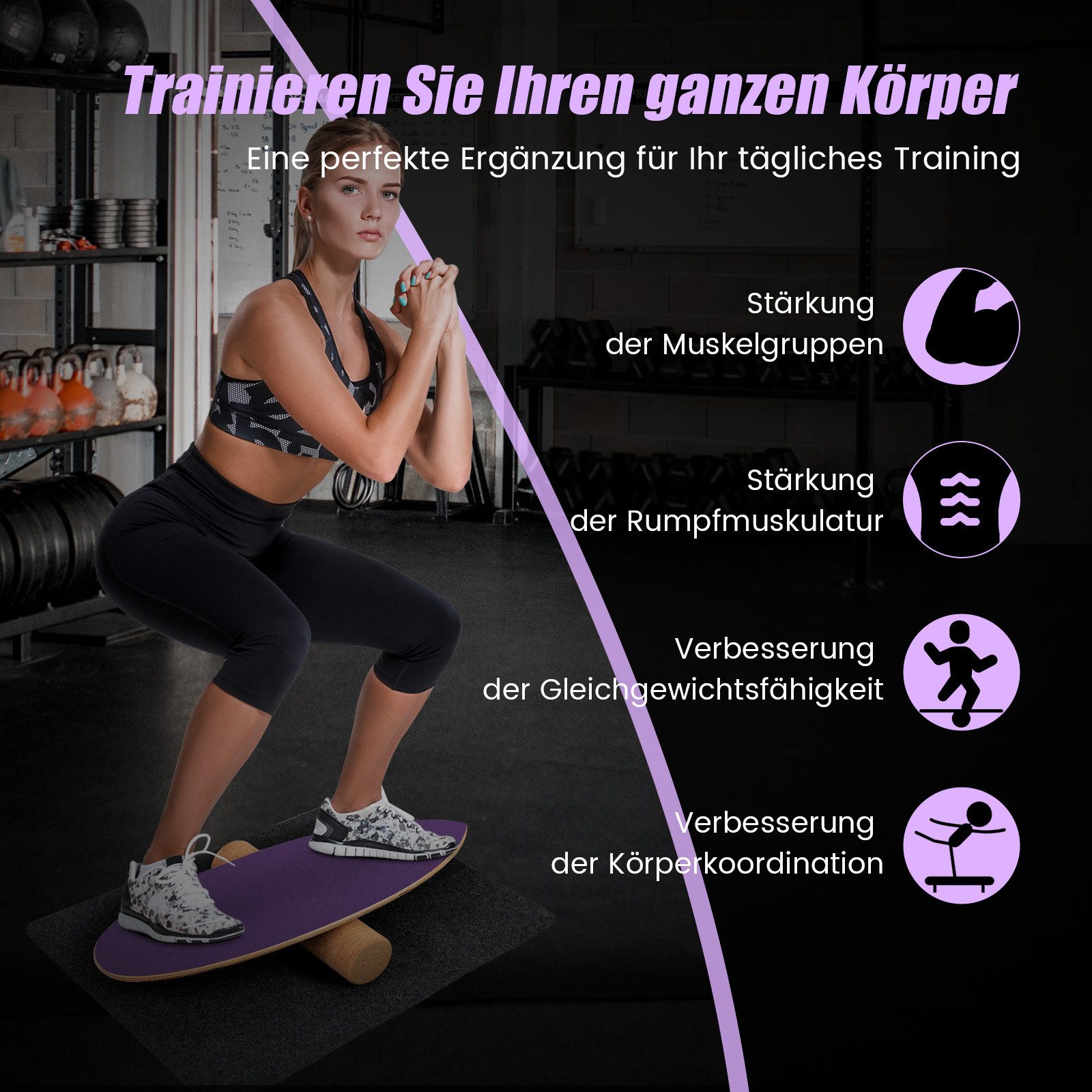 COSTWAY Balanceboard, aus Holz, für zuhause, inkl. Korkrolle, bis 227kg