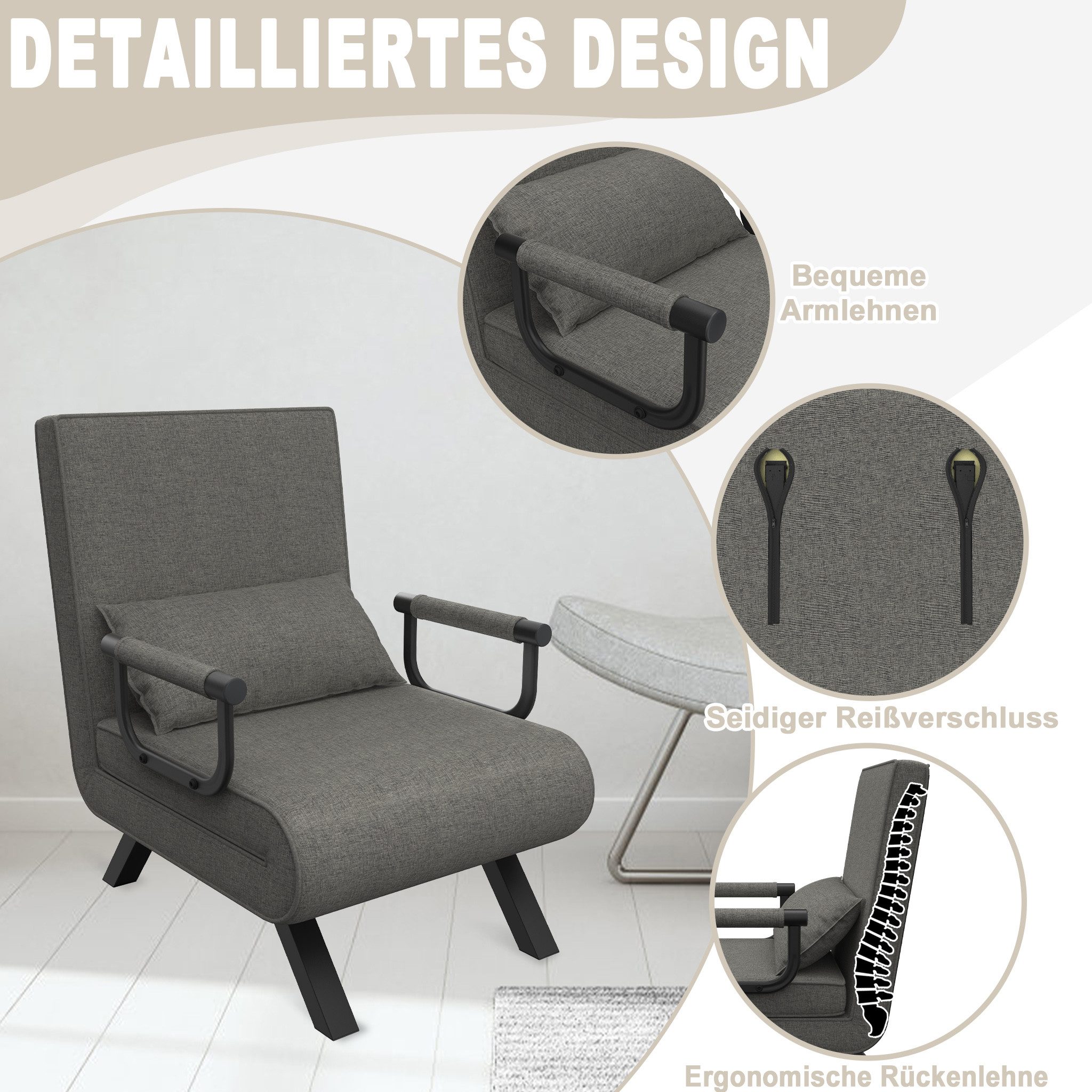 FIVMEN Sessel 3 in 1 Schlafsessel Schlafsofa Klappbares mit Bettfunktion, Klappsessel mit Verstellbare Rückenlehne Sofabett Gästebettfür – Bild 4 von 5