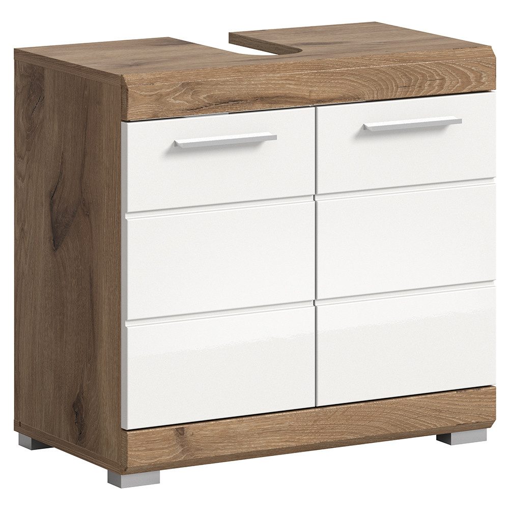 Lomadox Waschbeckenschrank SIROCO-158 in Eiche dunkel mit weiß Hochglanz, 60cm breit