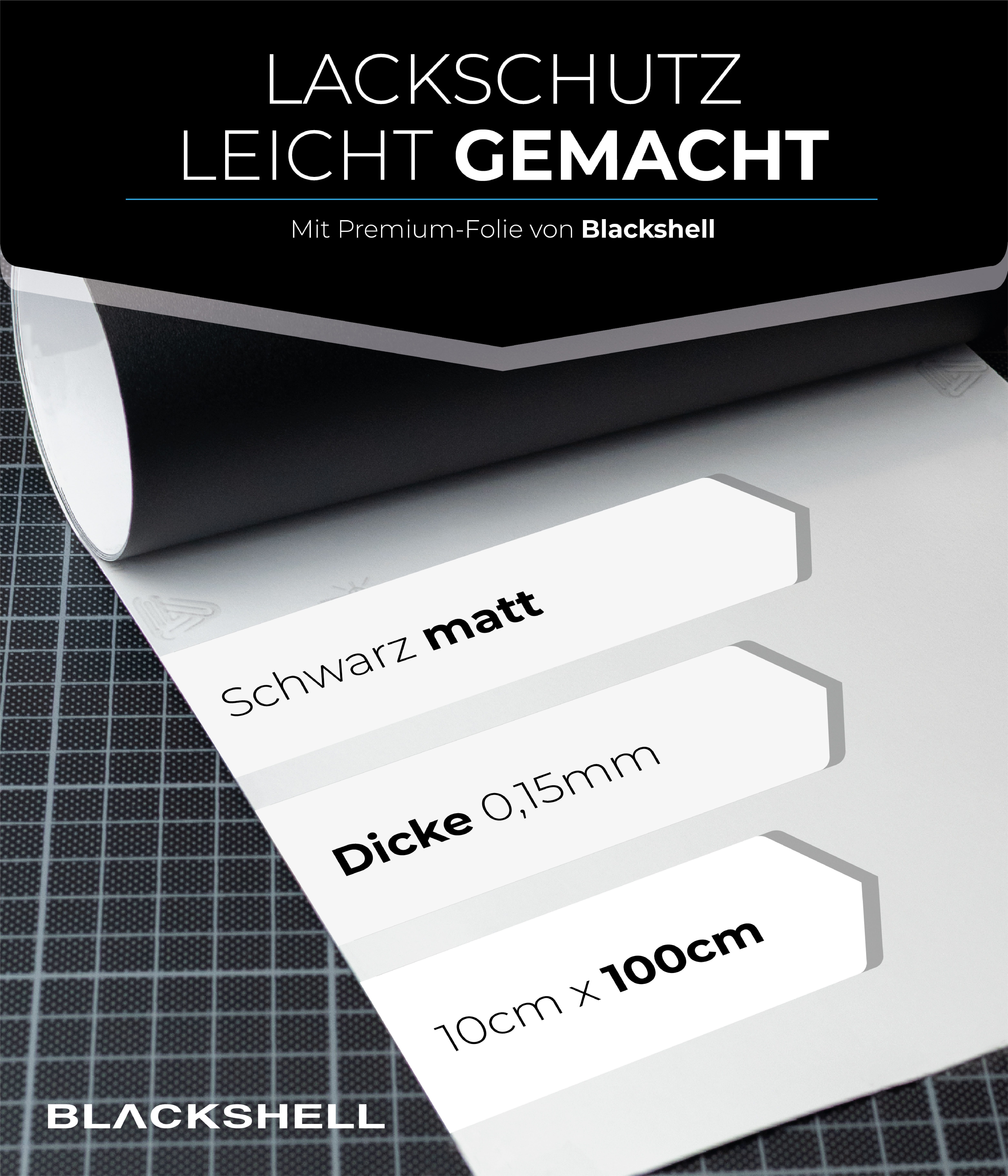 Blackshell Schutzfolie Transparente und Matt Schwarze Lackschutzfolien Zuschnitte, Lackschutzfolie für alle glatten Oberflächen, 150µm, Steinschlagschutz
