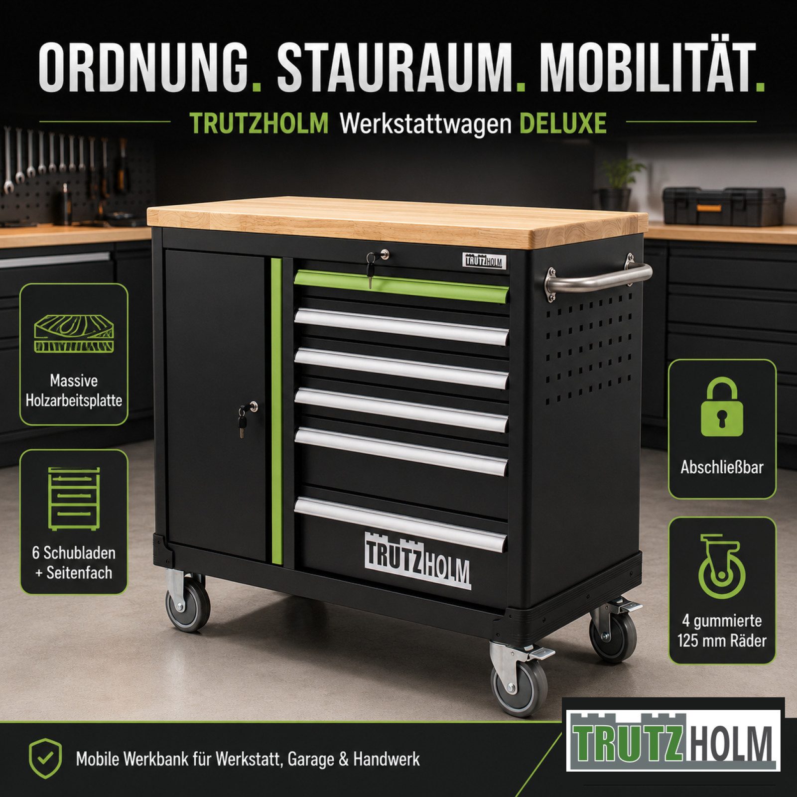 TRUTZHOLM Werkstattwagen DELUXE 6 Schubladen + Tür leer massive Arbeitsplatte Anthrazit/grün, auf Rollen, max. Traglast:400 kg, (Set, 1-tlg), kann.