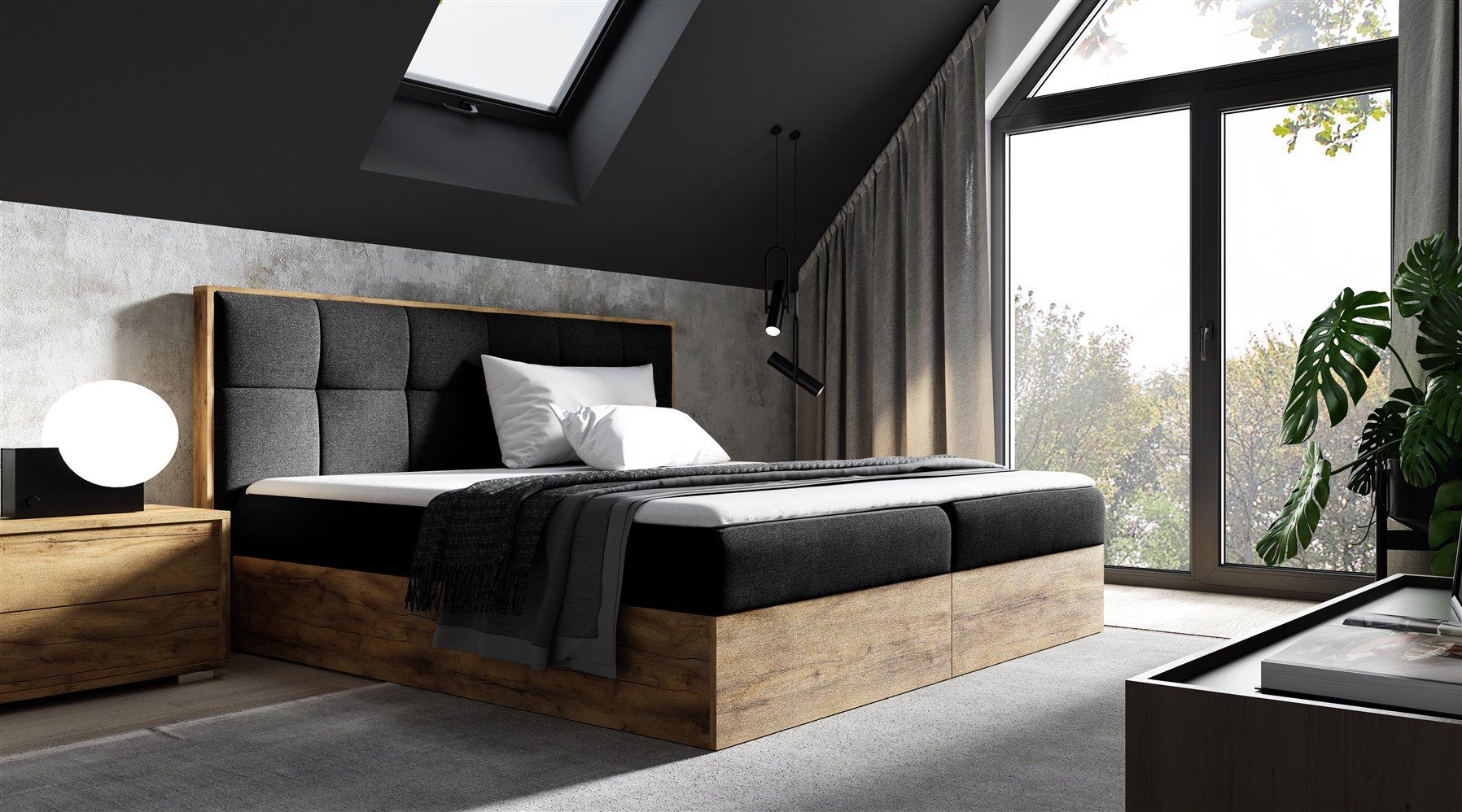 Fun Möbel Boxbett Schlafzimmerbett THANOS Überlänge in Stoff Faro (auch in Standardlänge erhältlich, inkl. Kaltschaumtopper und Topper), Lancelot-Eiche-Optik