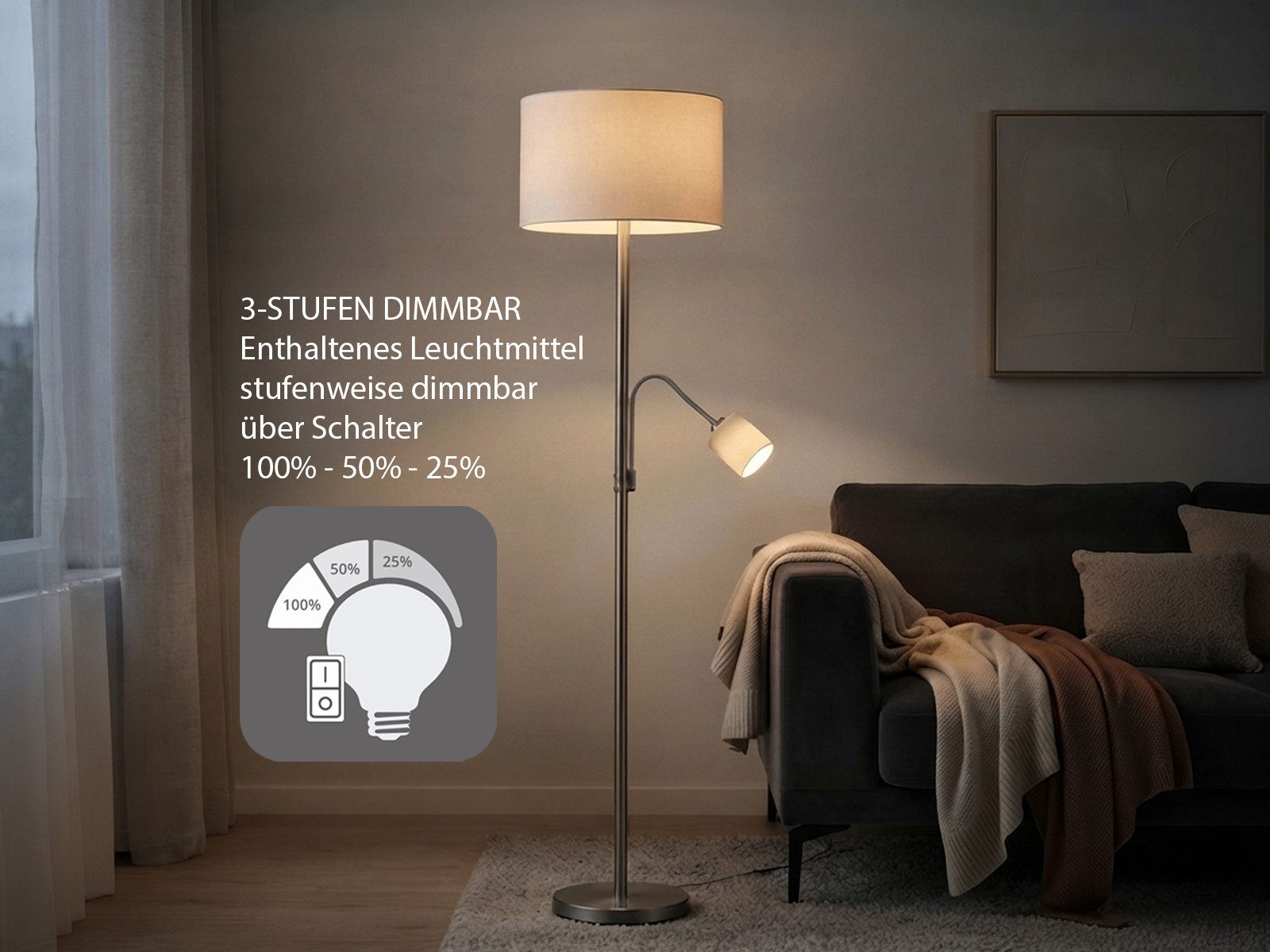 TRIO Leuchten LED Stehlampe mit Leselampe & Stoffschirm Höhe 170cm, dimmbar, LED wechselbar, Warmweiß, Designklassiker Steh-Leuchte groß für Lese-Ecke stehend – Bild 3 von 5
