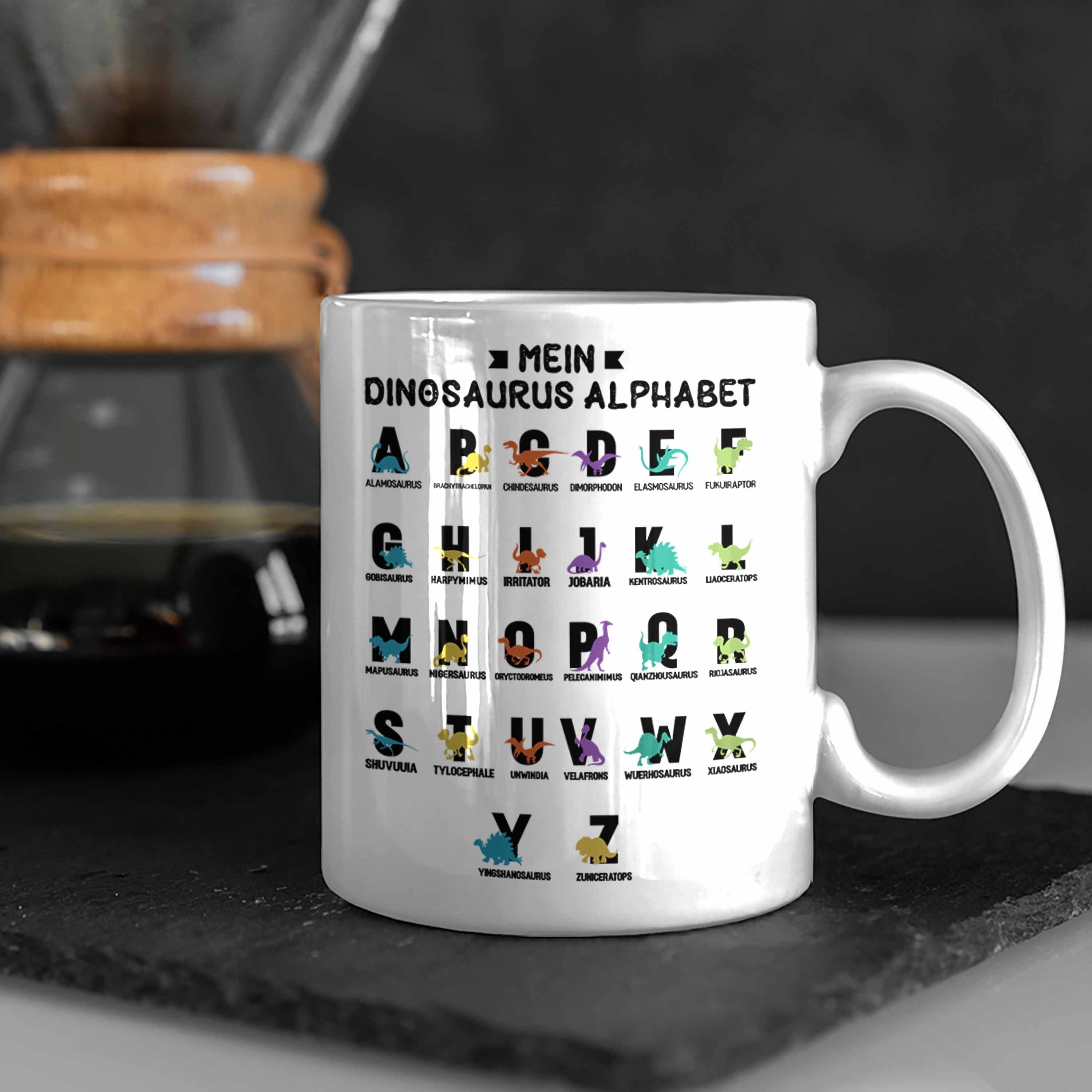 Trendation Alphabet Geschenk Tasse Dino Kinder Weiss Klasse A-Z Dinosaurier Grundschule 1. ABC Arten - Trendation T-Rex Mein