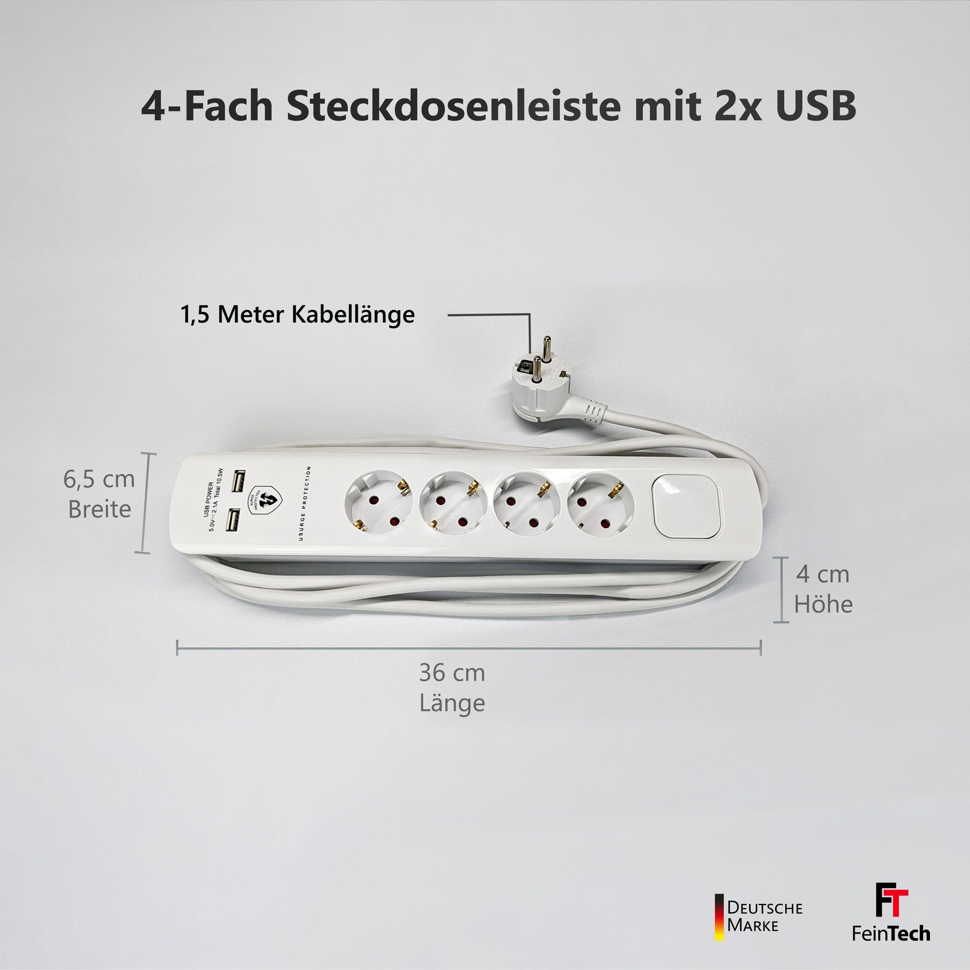 FeinTech Mehrfachsteckdose 4-fach (Ein- / Ausschalter, USB-Anschlüsse, Schalterbeleuchtung, Überspannungschutz, Kabellänge 1.5 m), Flachstecker
