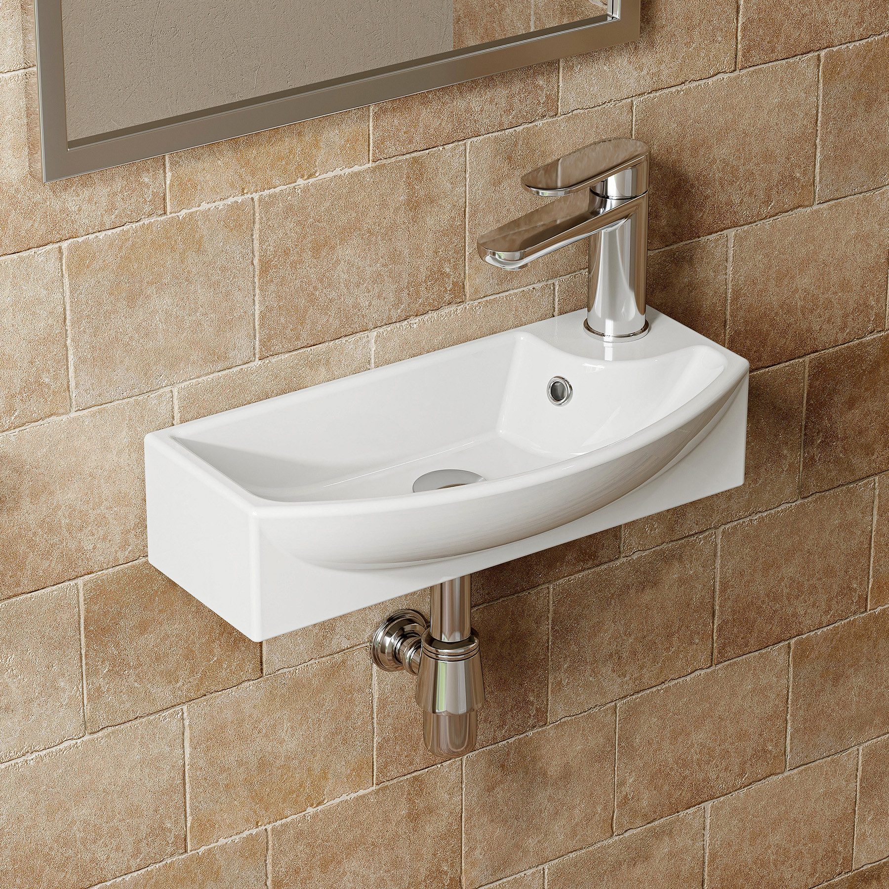HOROW Waschbecken Hänge Waschbecken Keramik quadratisch mit Hahnloch 46x23x13cm (für Badezimmer Gäste-WC, 45,4x2,6x12,9cm, mit Hahnloch und Überlauf)