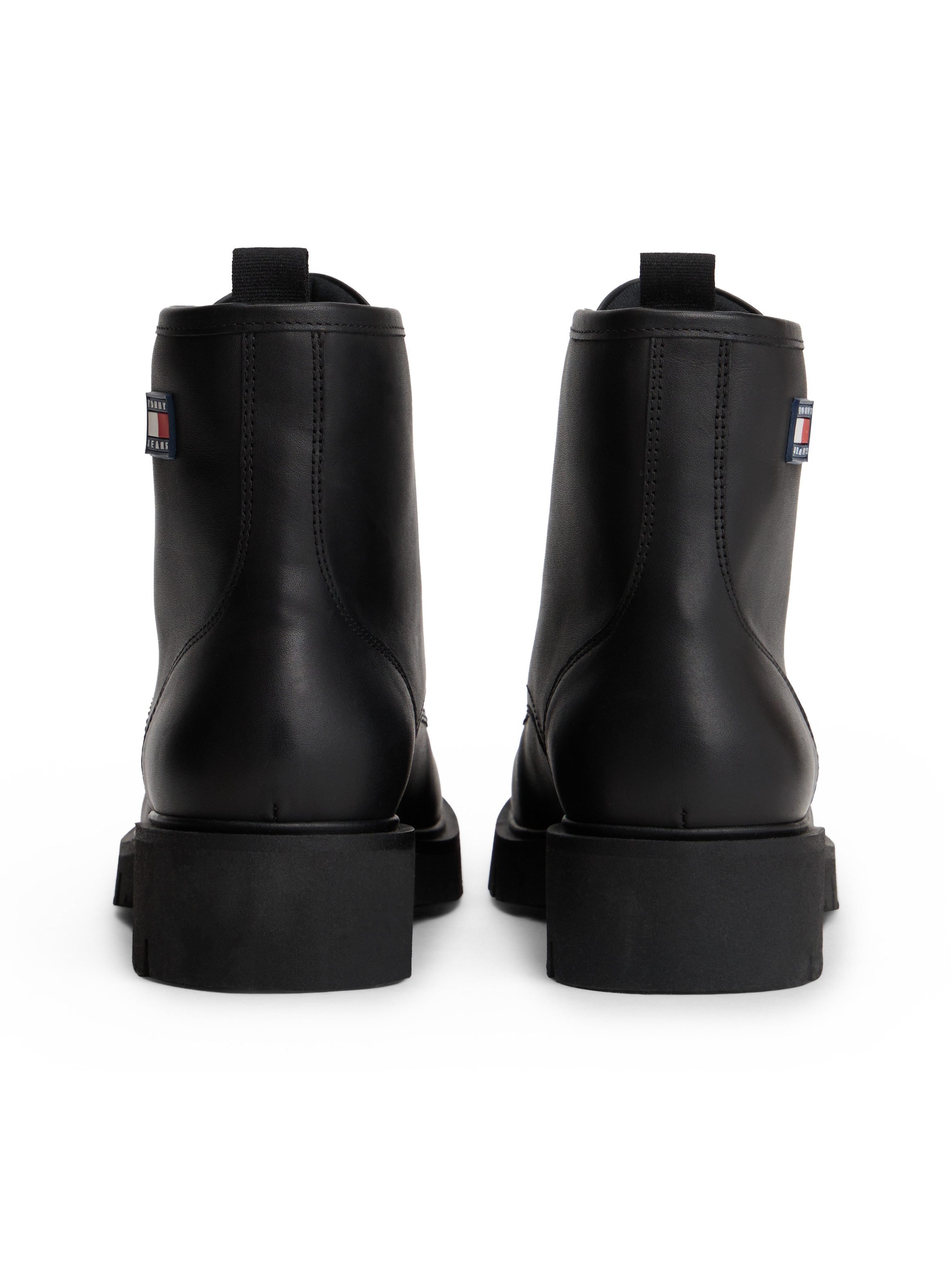 Tommy Jeans TJW LACE UP LEATHER BOOT Schnürboots, Blockabsatz, Schnürstiefelette mit Logoflag an der Seite