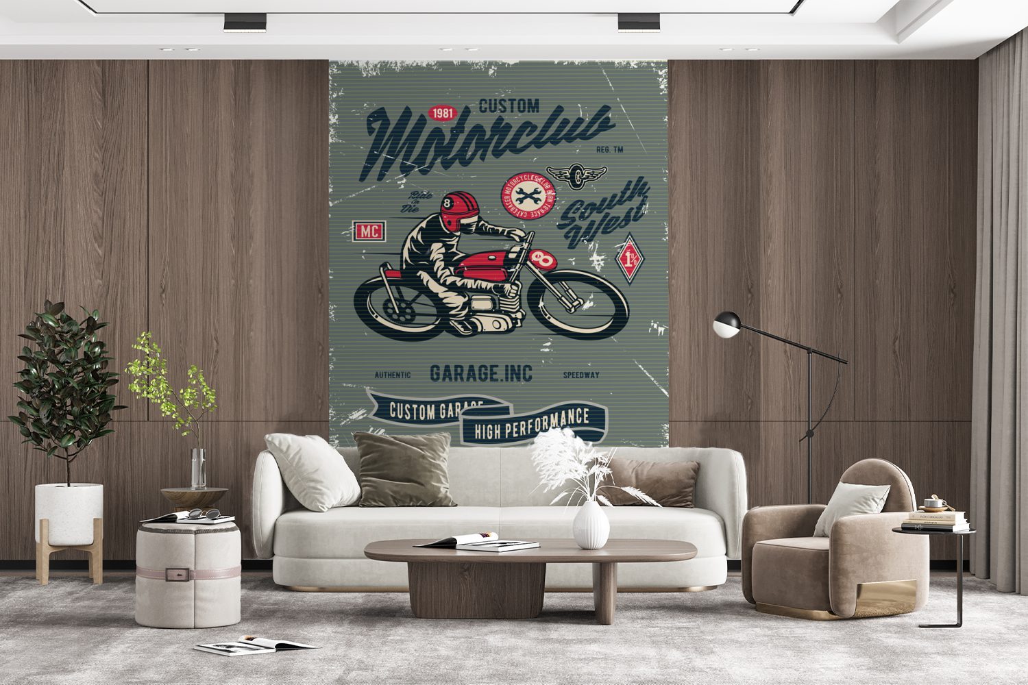 (3 Wohnzimmer, - für Matt, MuchoWow Montagefertig - bedruckt, Fototapete Zeichnung, Tapete Vinyl St), Wandtapete Sport - Retro Motorrad