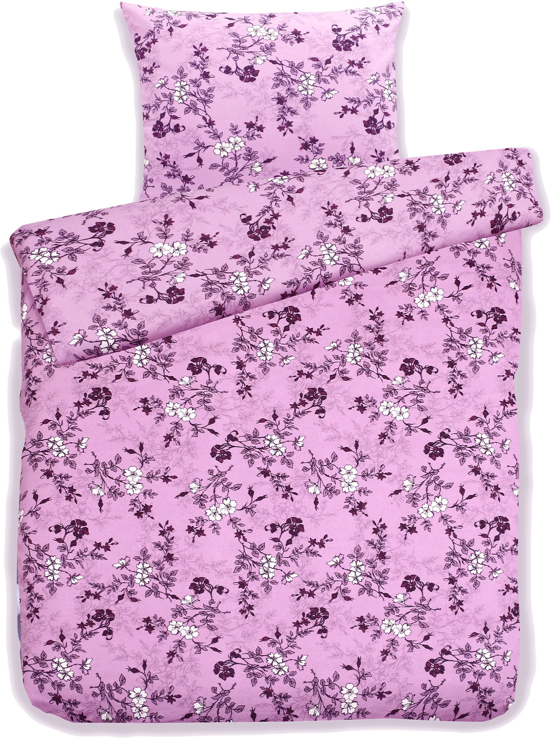 KH-Haushaltshandel Bettwäsche 2-tlg. Bettwäsche Biber Winter Bettwäsche 135 x 200 +80x80cm, Blüten, Biber, 2 teilig, flieder, flauschig weich, warm, Baumwoll Mischgewebe